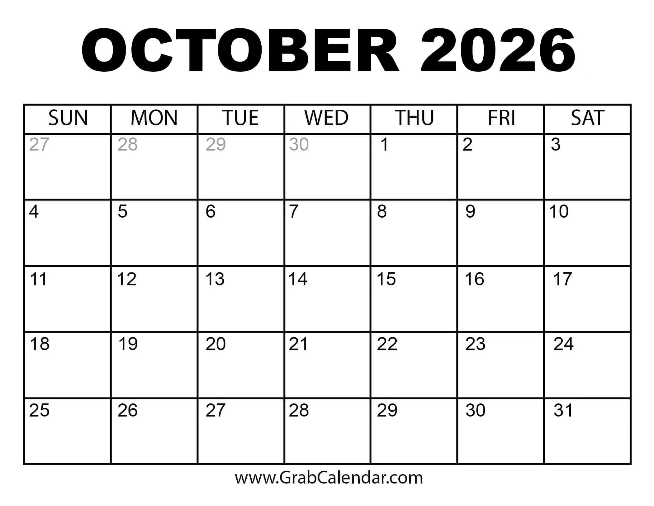 Printable October 2026 Calendar