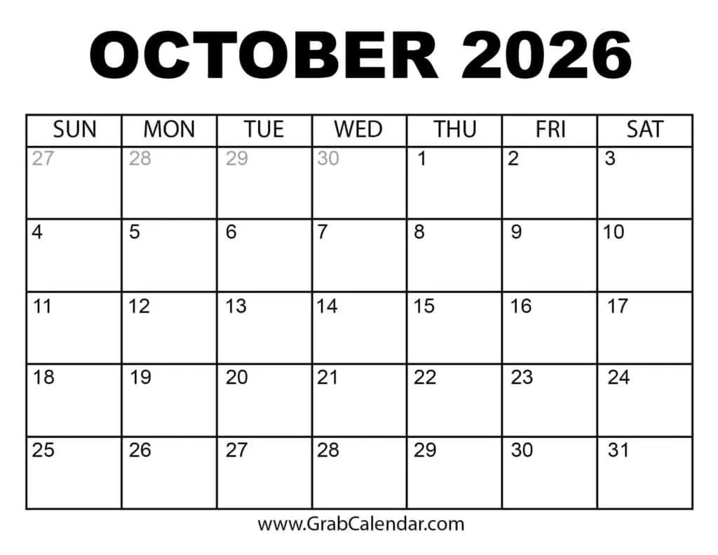 Printable October 2026 Calendar