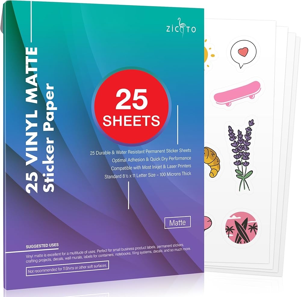 Printable Premium Vinyl Sticker Paper 25 Matte Sheets Waterproof 