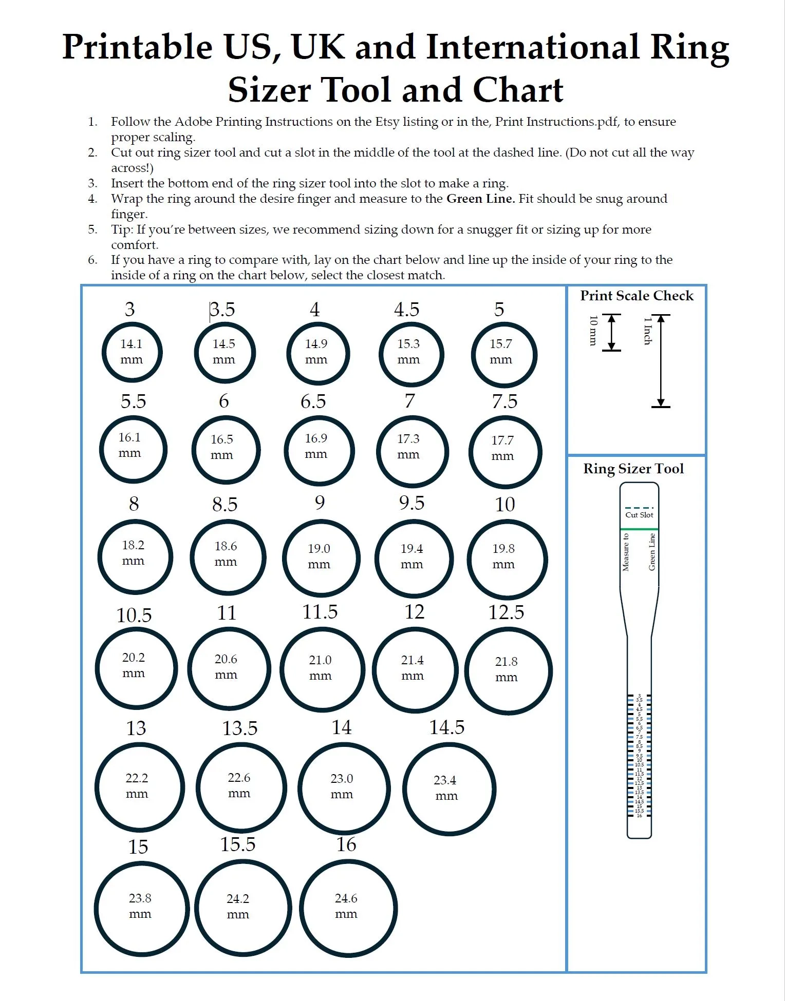 Printable Ring Sizer Tool US UK International Size Chart PDF 