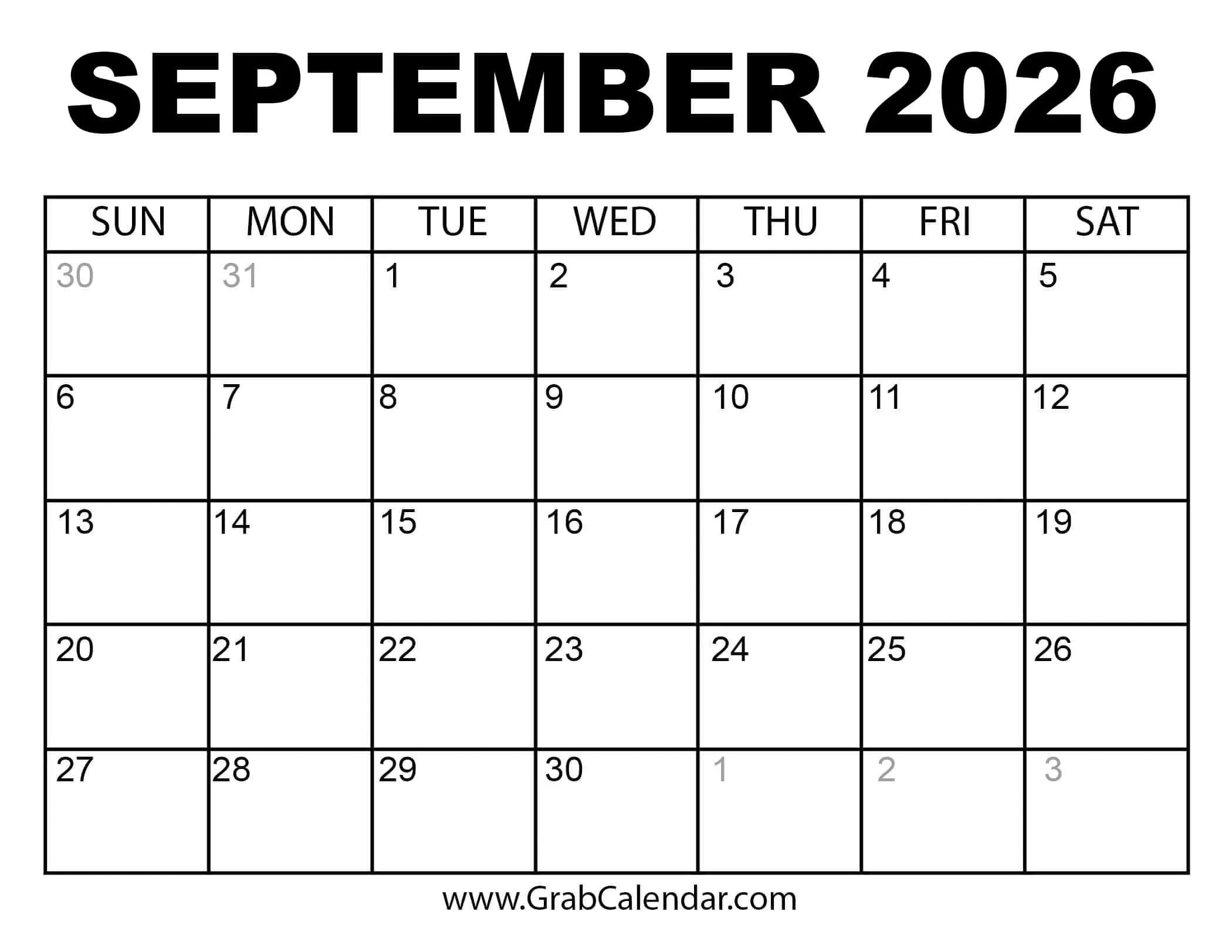 Printable September 2026 Calendar