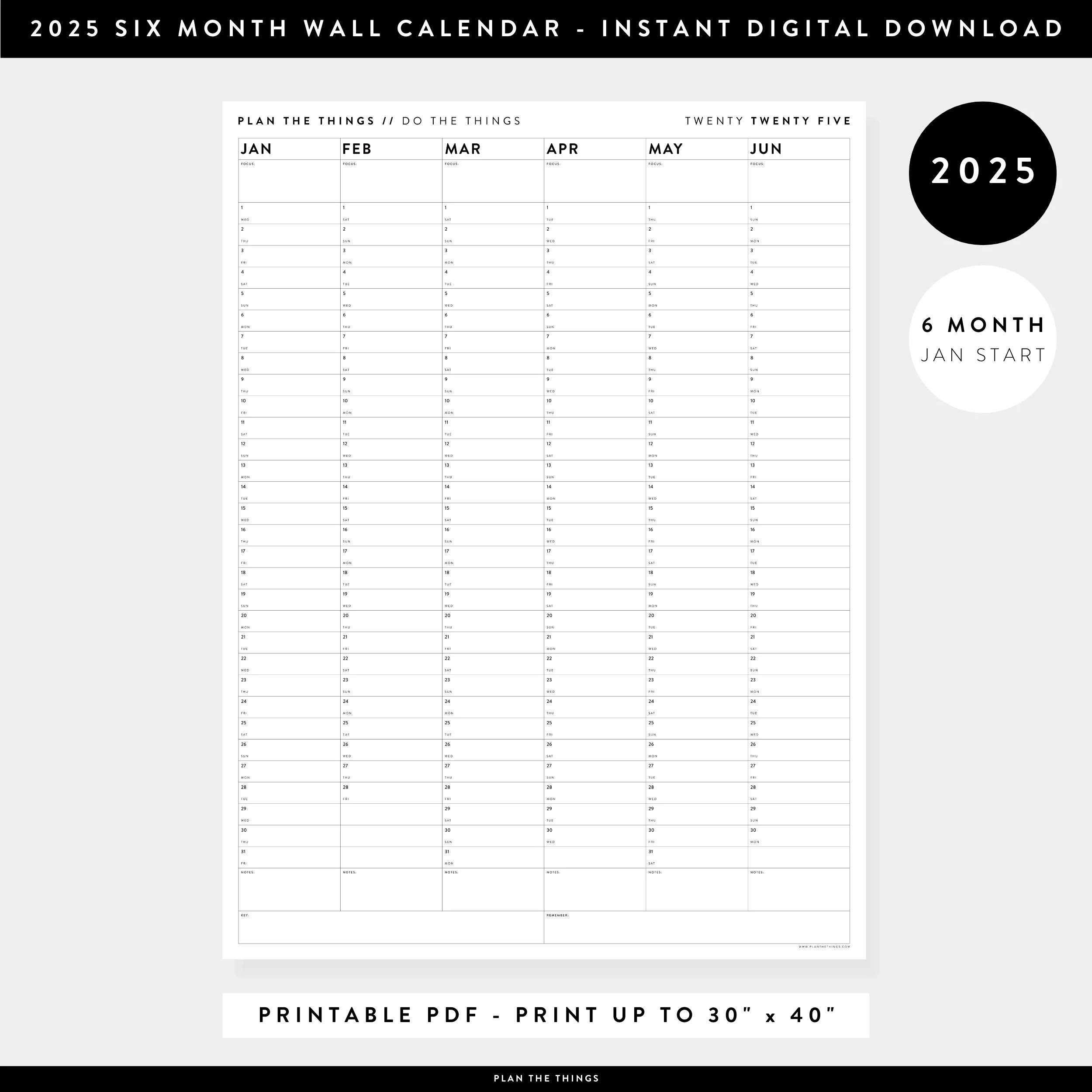 PRINTABLE SIX MONTH 2025 MINIMAL WALL CALENDAR JANUARY TO JUNE 