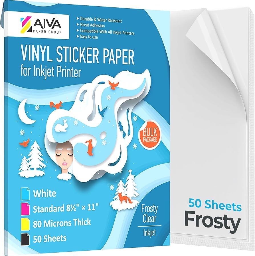 Printable Vinyl Inkjet Sticker Paper Frosty Clear Semi Transparent 50 Self Adhesive Sheets Waterproof Sticker Paper Standard Letter Size 