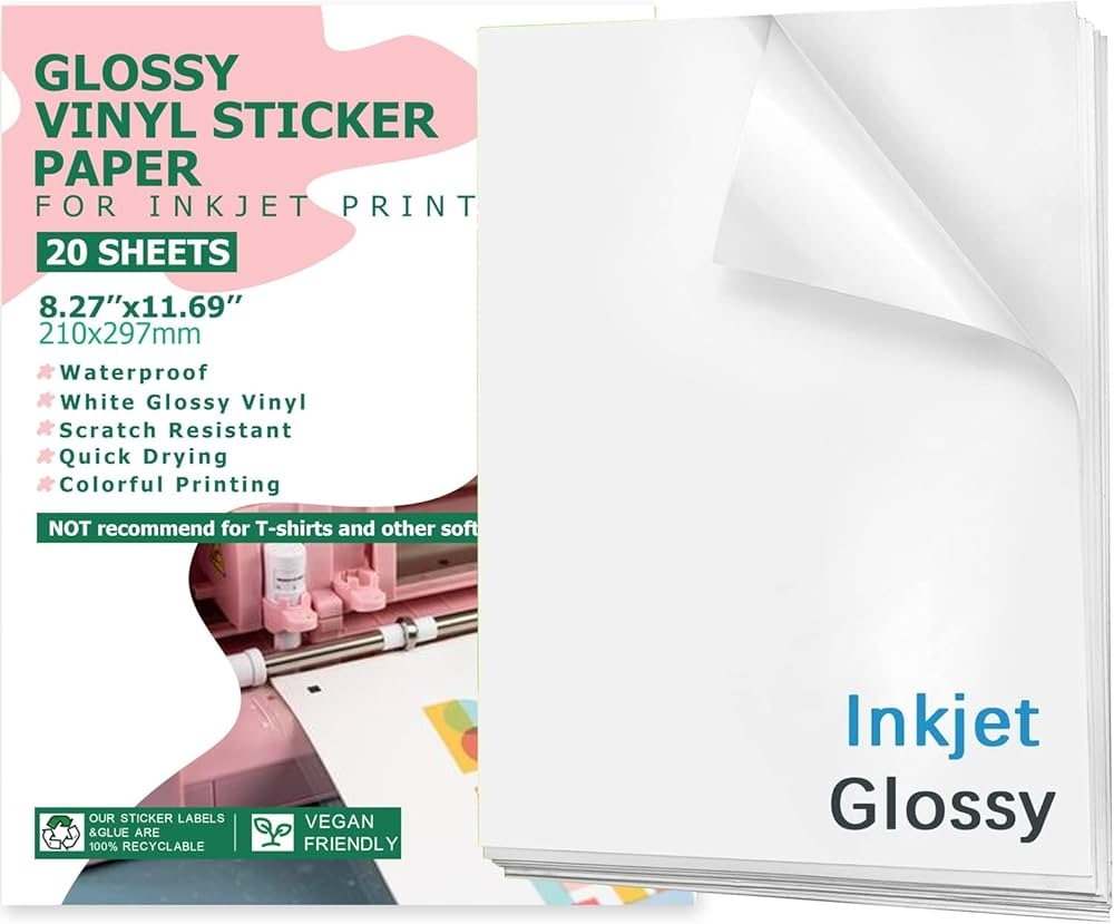 Printable Vinyl Sticker Paper For Inkjet Printers Glossy White 20 Pcs Waterproof Sticker Paper Self Adhesive Sheets 8 5 X 11 Inch Dries Fast 