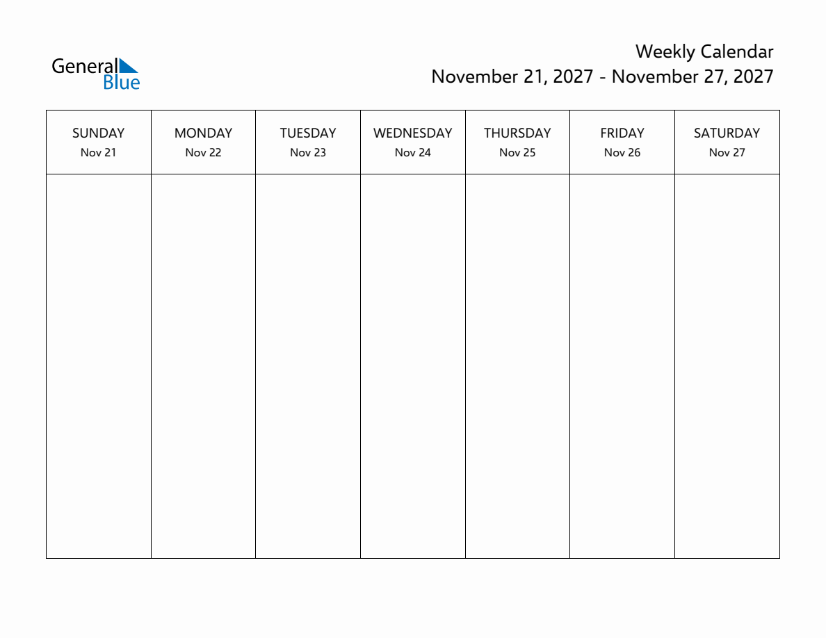 Printable Weekly Calendar For Week 48 Of 2027 Nov 21 Nov 27 