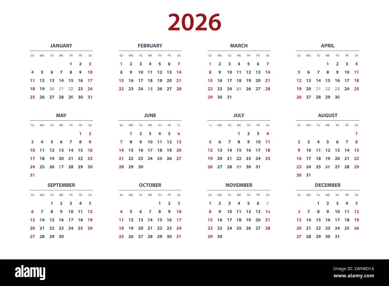 Quarter Calendar Template For 2026 Year Wall Calendar Grid In A 