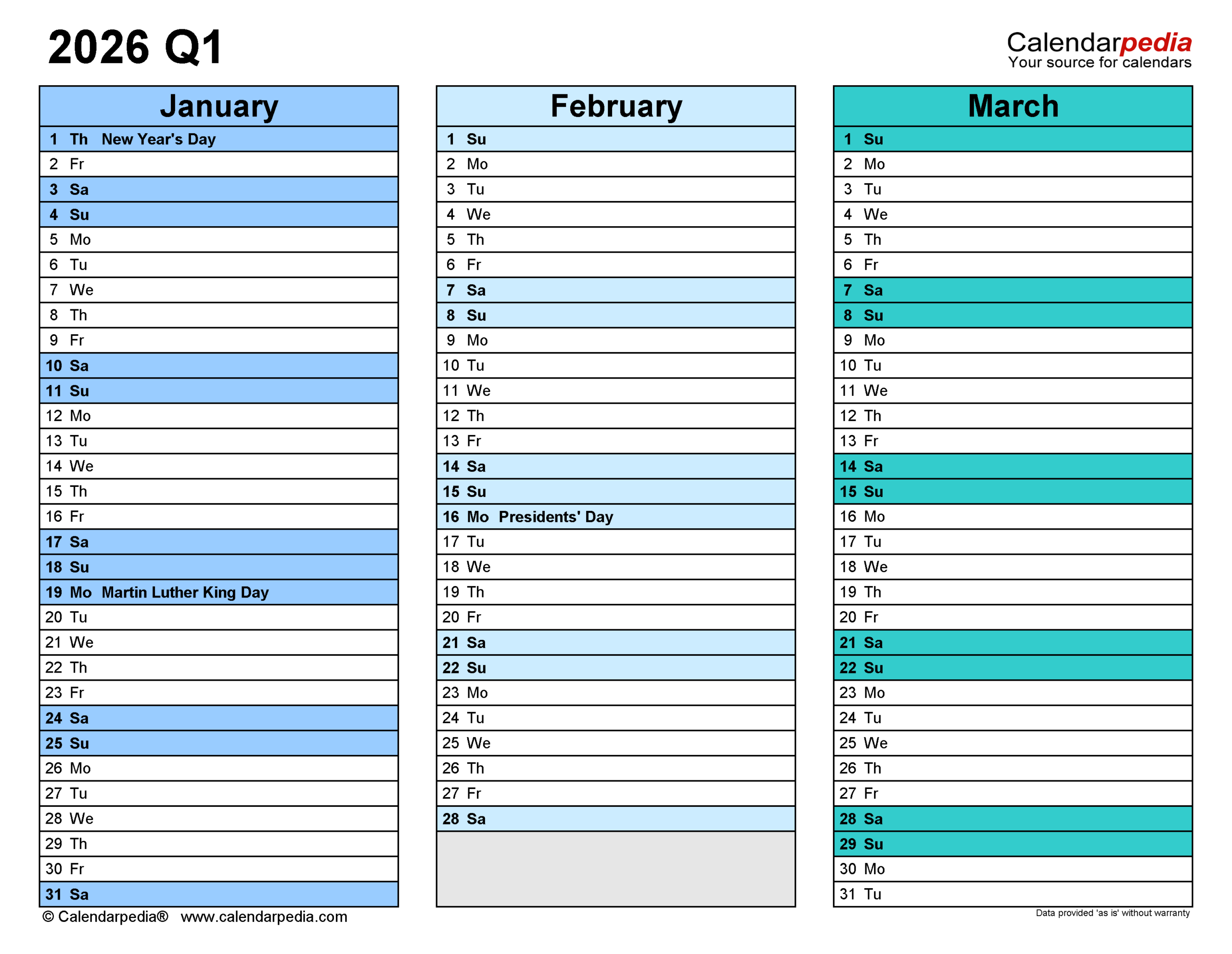 2026 Quarterly Calendar Printable