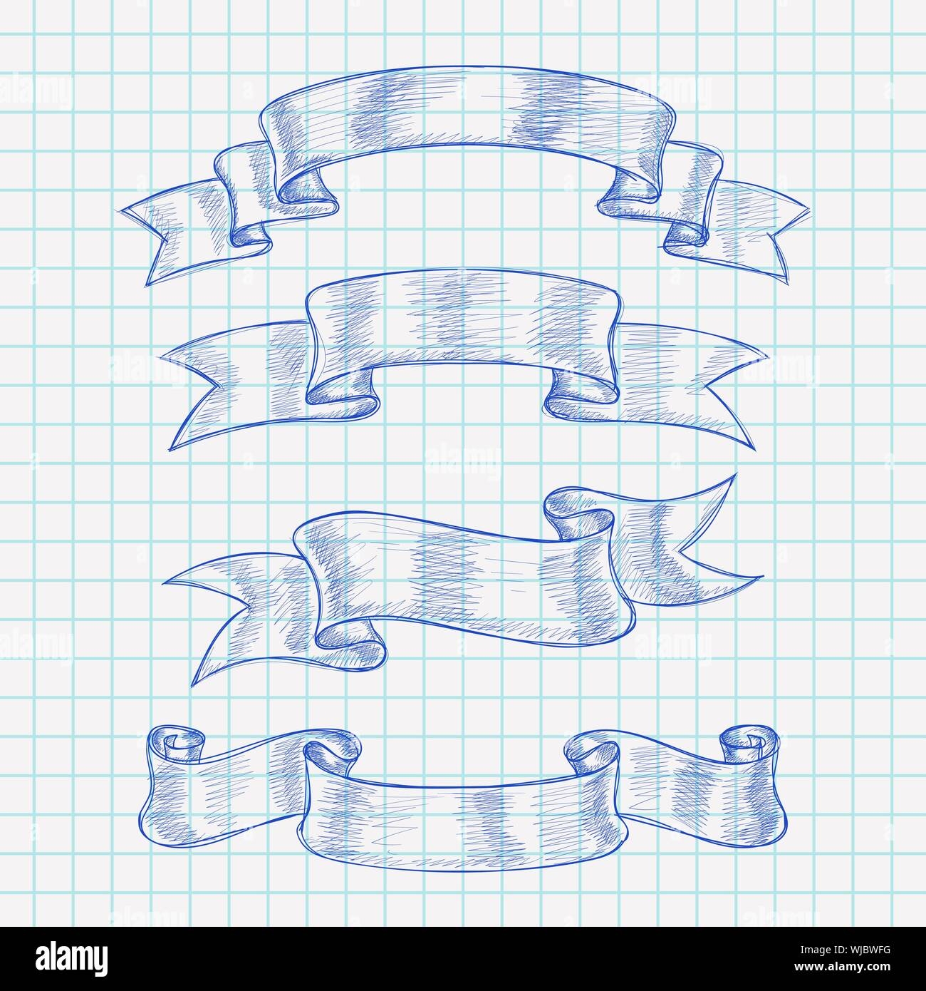 Ribbon Scrolls Hand Drawn Sketch On Lined Paper Background Stock 