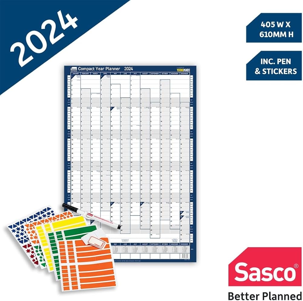Sasco Compact Year Planner 2024 Paper Mini Whiteboard Poster Style Dry Erase Calendar Small Wall Planner With Dry Erase Pen And Stickers Wall 