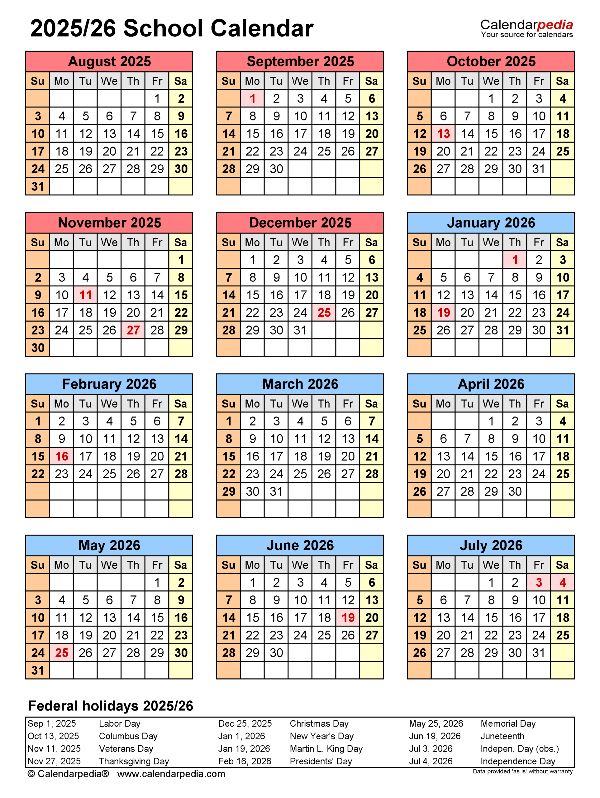 School Calendar 2026 Printable