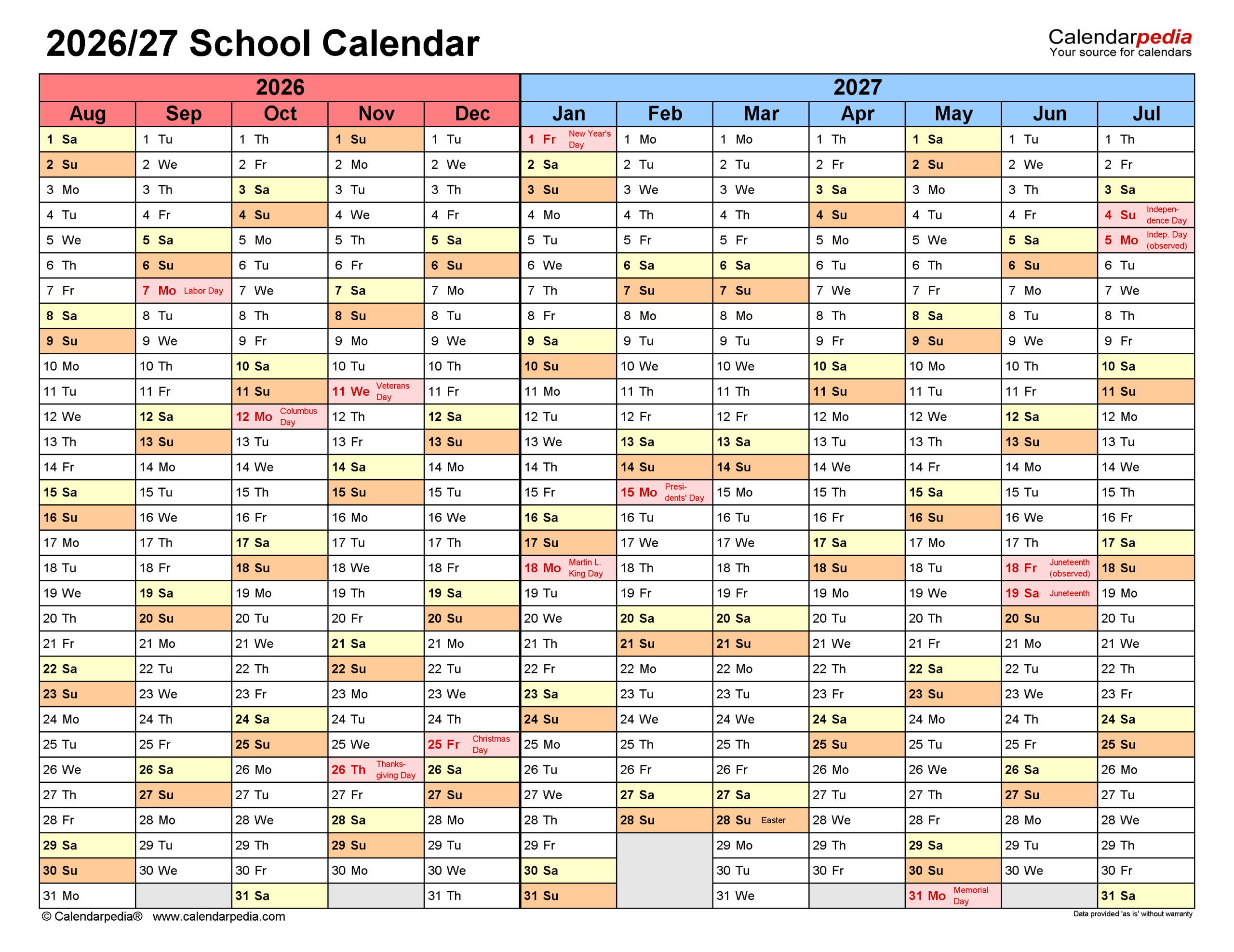 School Calendars 2026 2027 Free Printable Word Templates