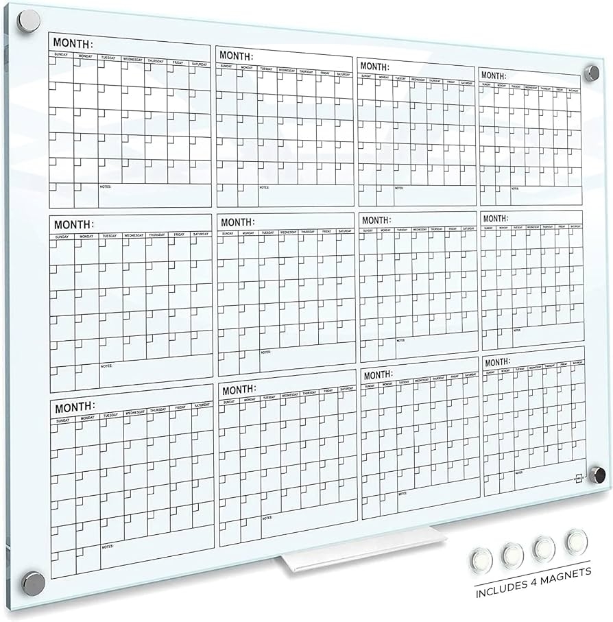 Scribbledo Magnetic Glass Whiteboard Calendar Yearly Planner White 