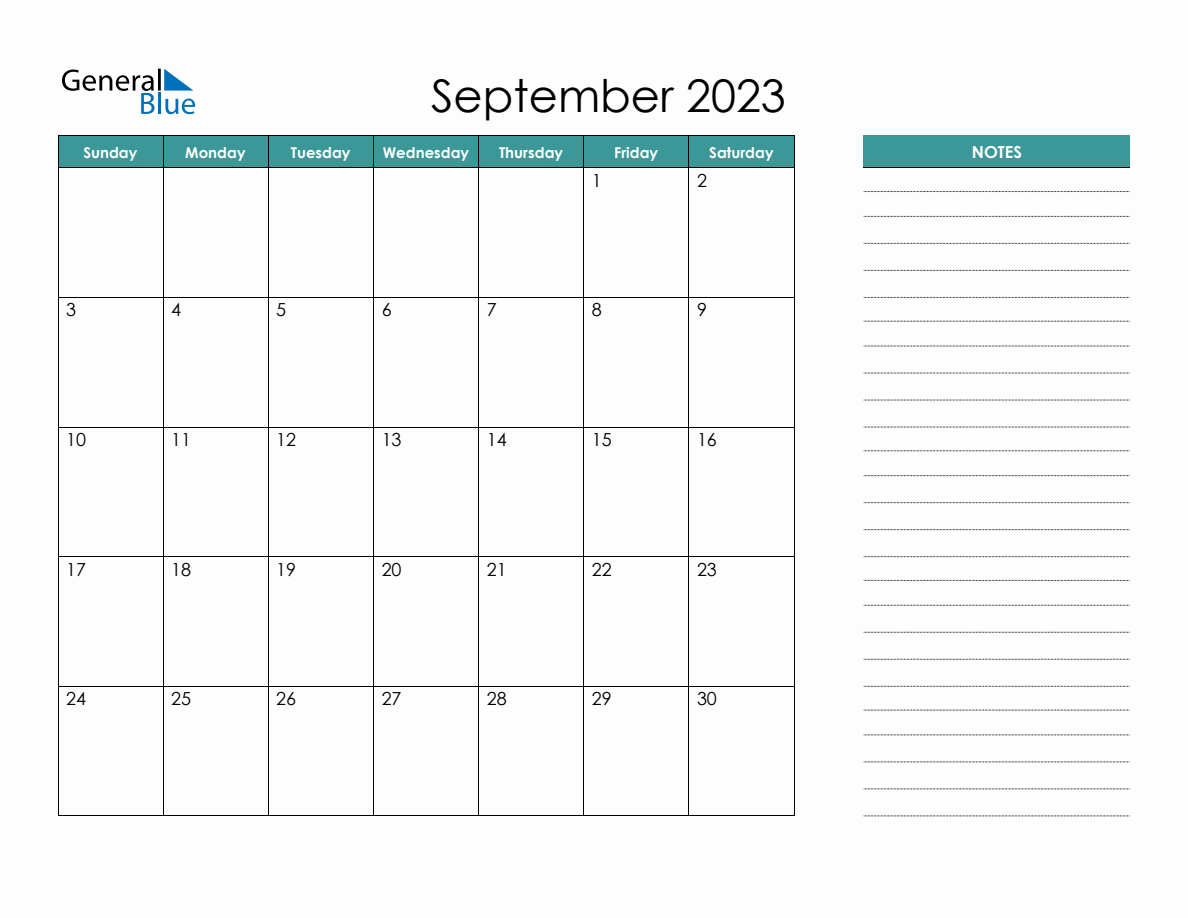 September 2023 Calendar Planner With Notes