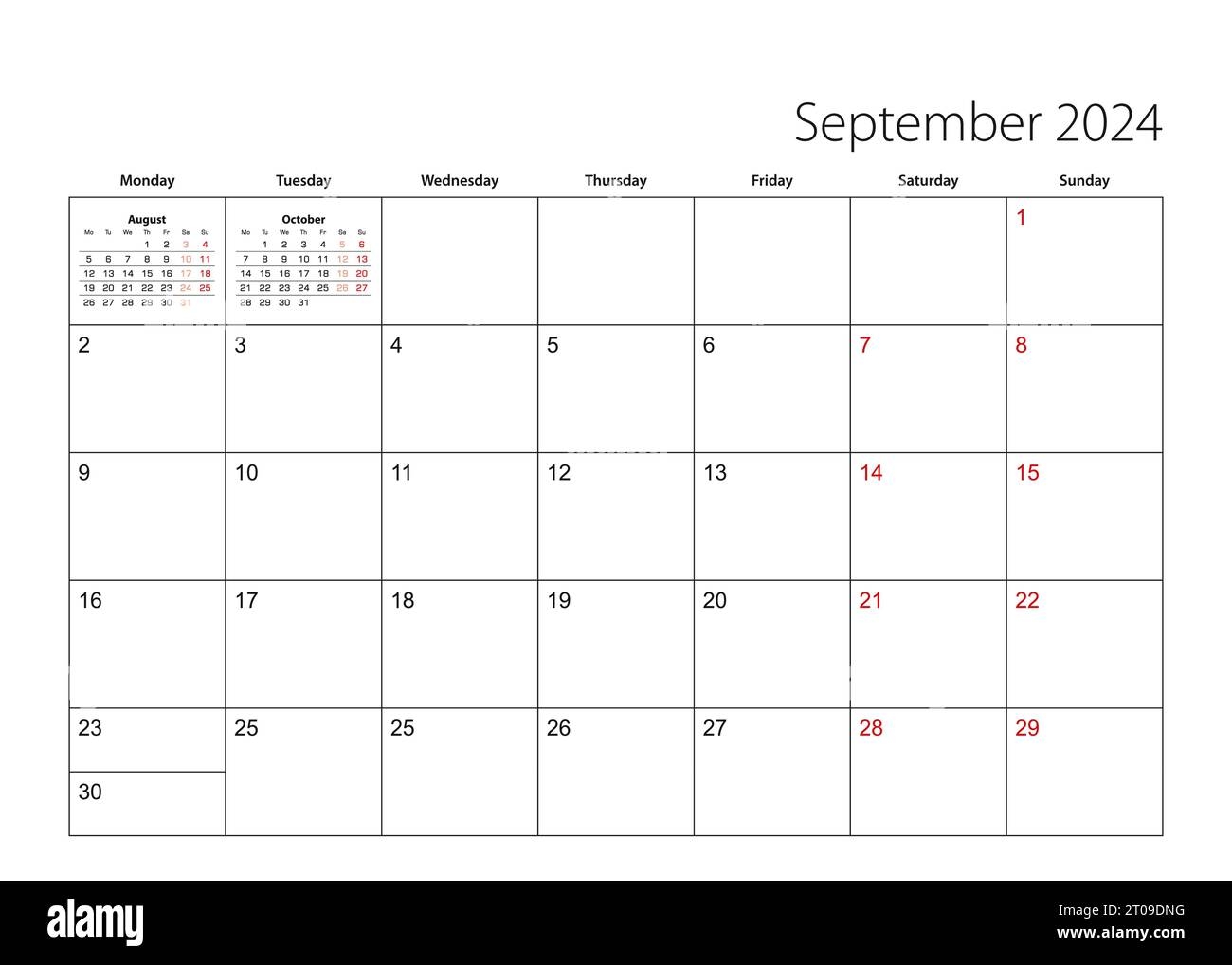 September 2024 Simple Calendar Planner Week Starts From Monday 