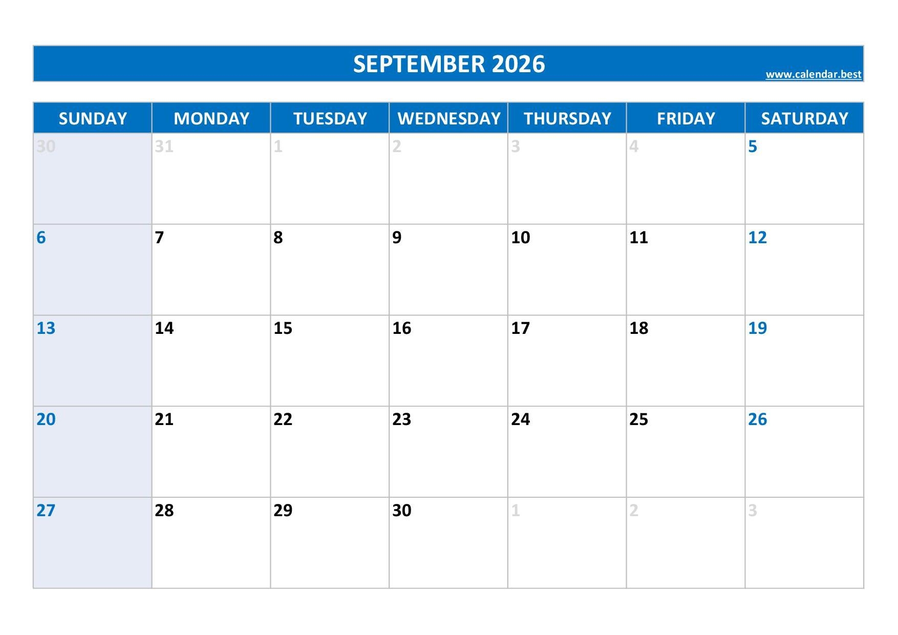 Blank Printable Sept 2026 Calendar