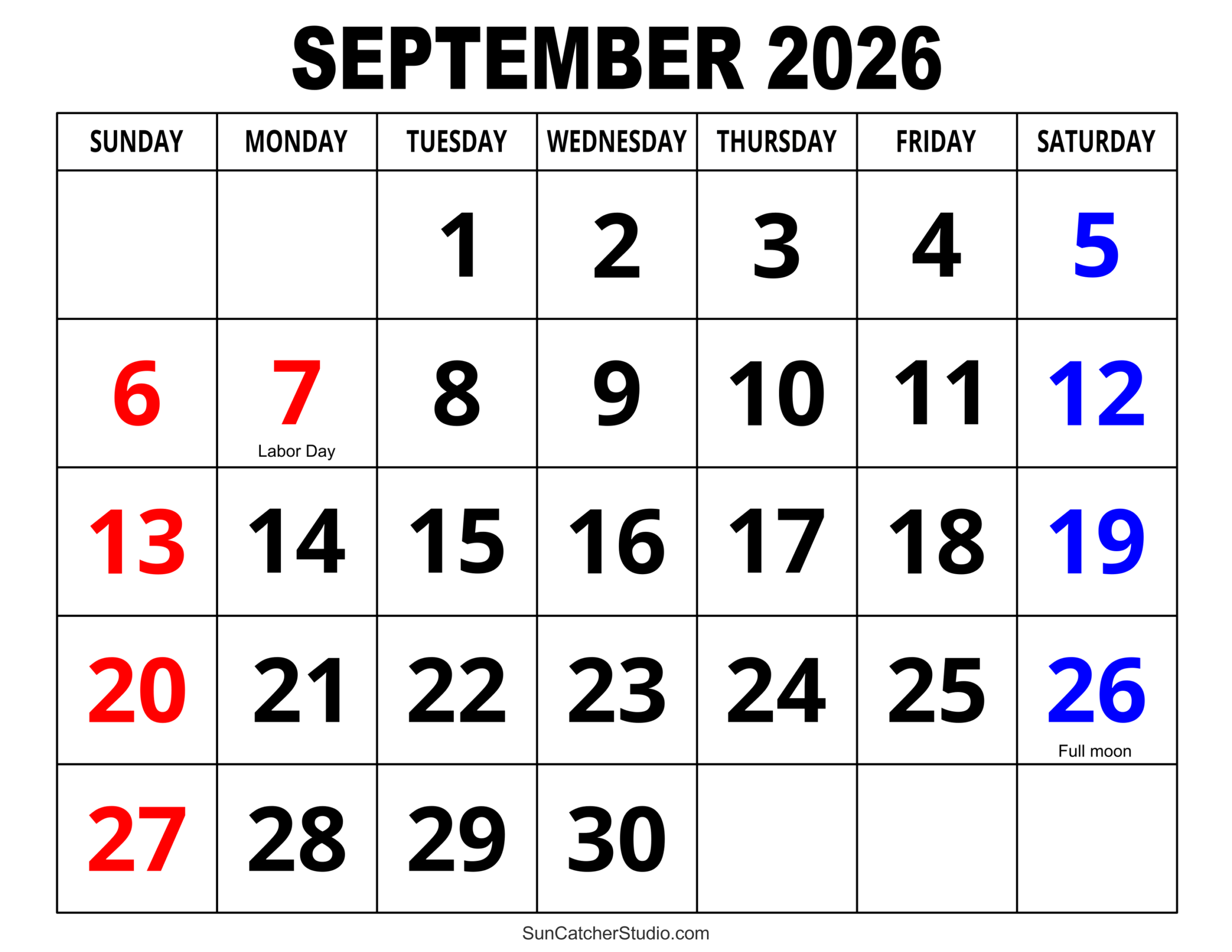 Free Printable September Calendars 2026