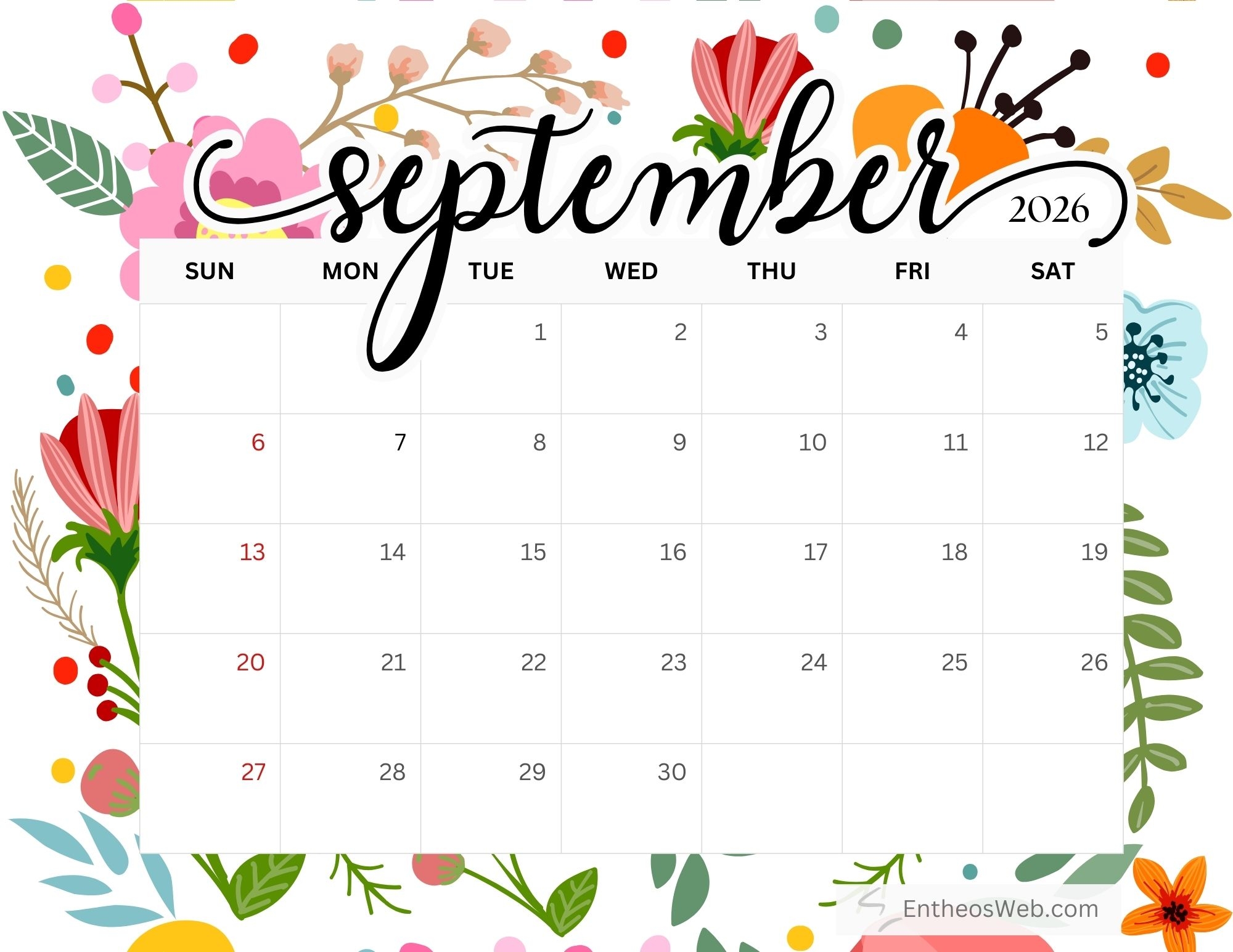 September 2026 Calendar Printables EntheosWeb