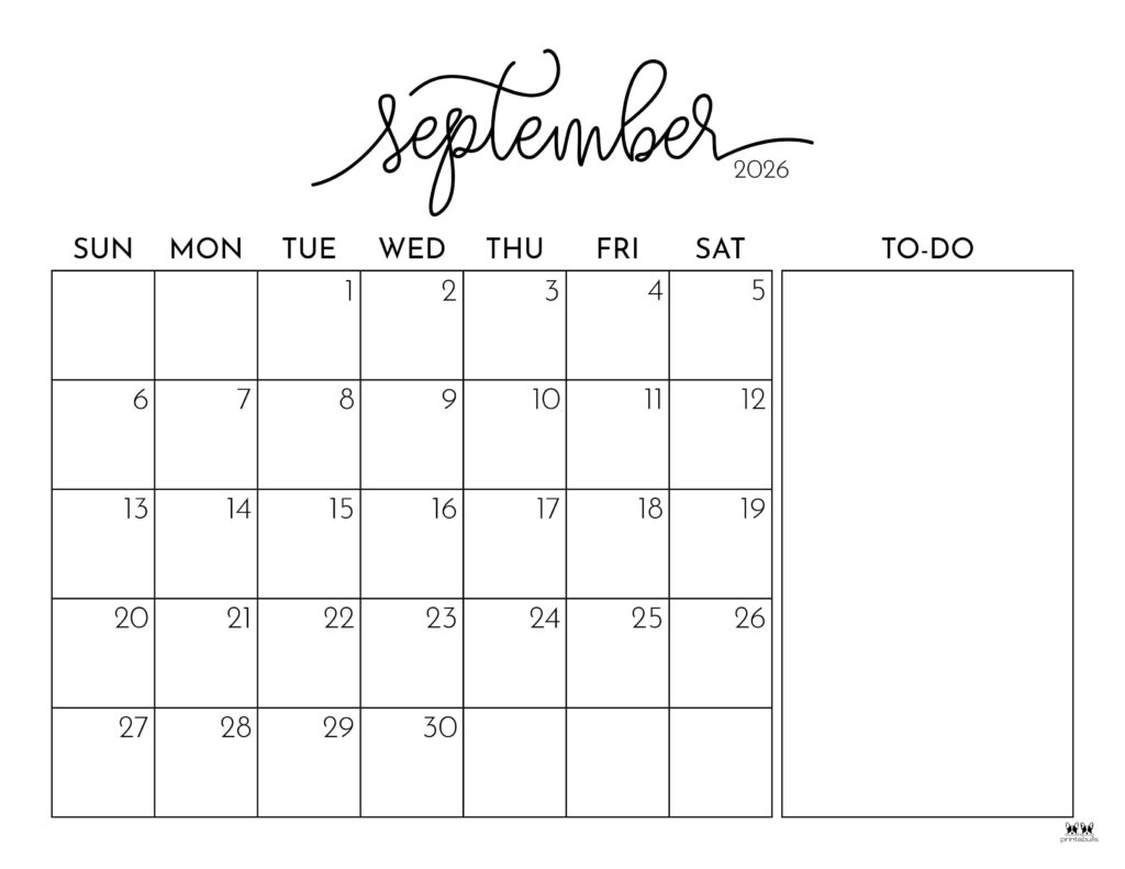 September 2026 Calendars 150 FREE Printables Printabulls