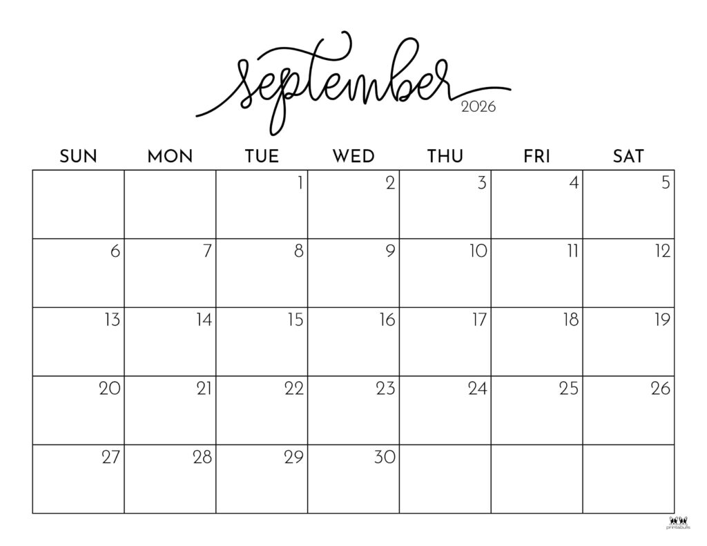 September 2026 Calendars 150 FREE Printables Printabulls