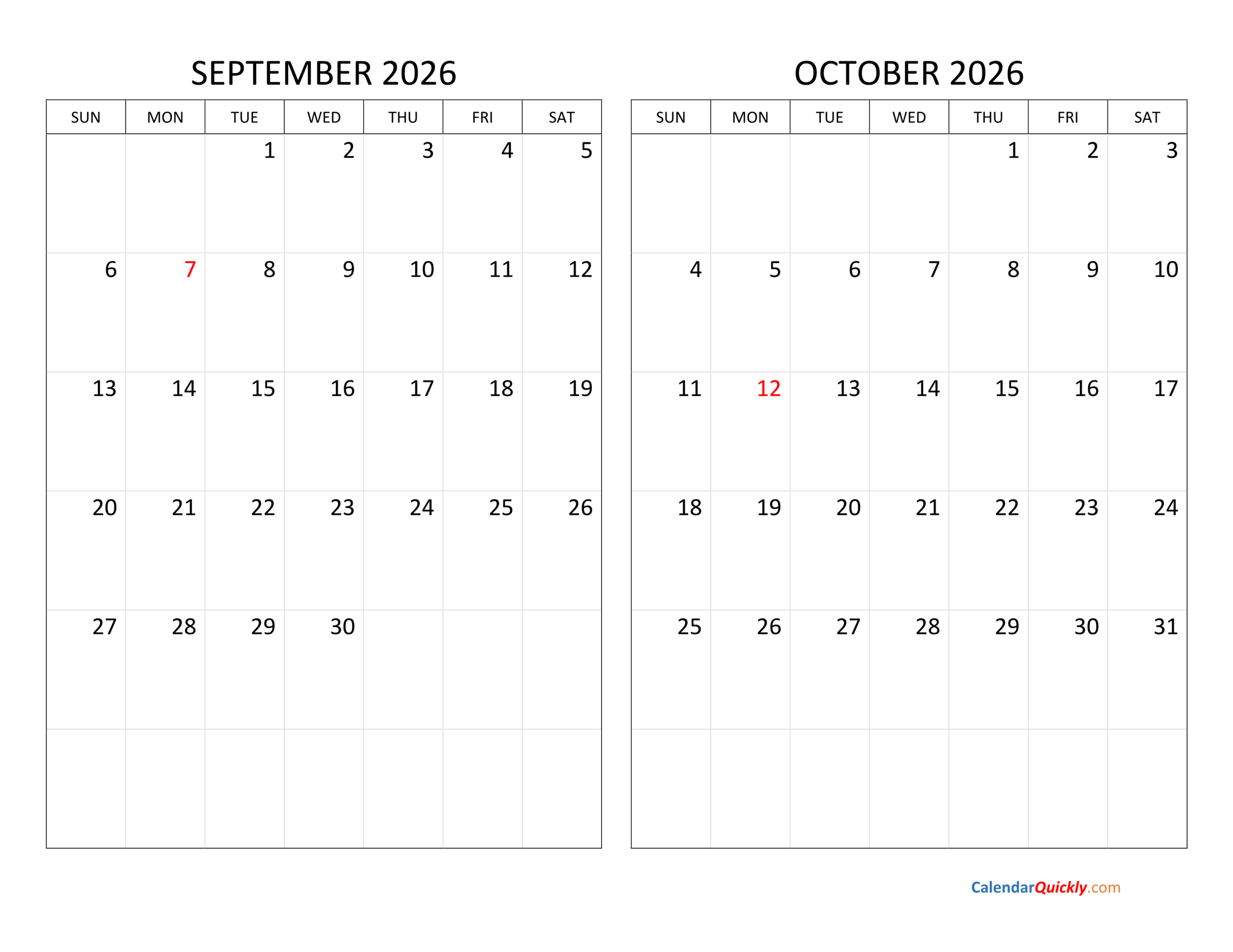 September And October 2026 Calendar Calendar Quickly