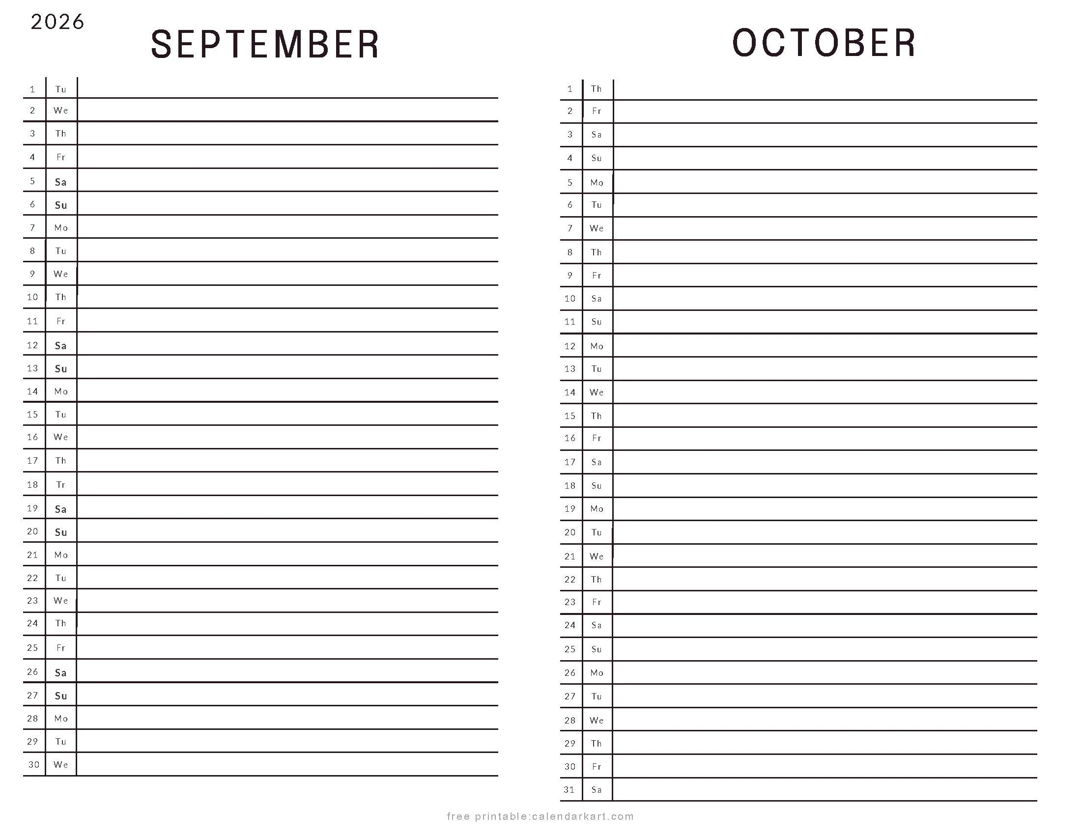Blank September And October 2026 Calendar Printable
