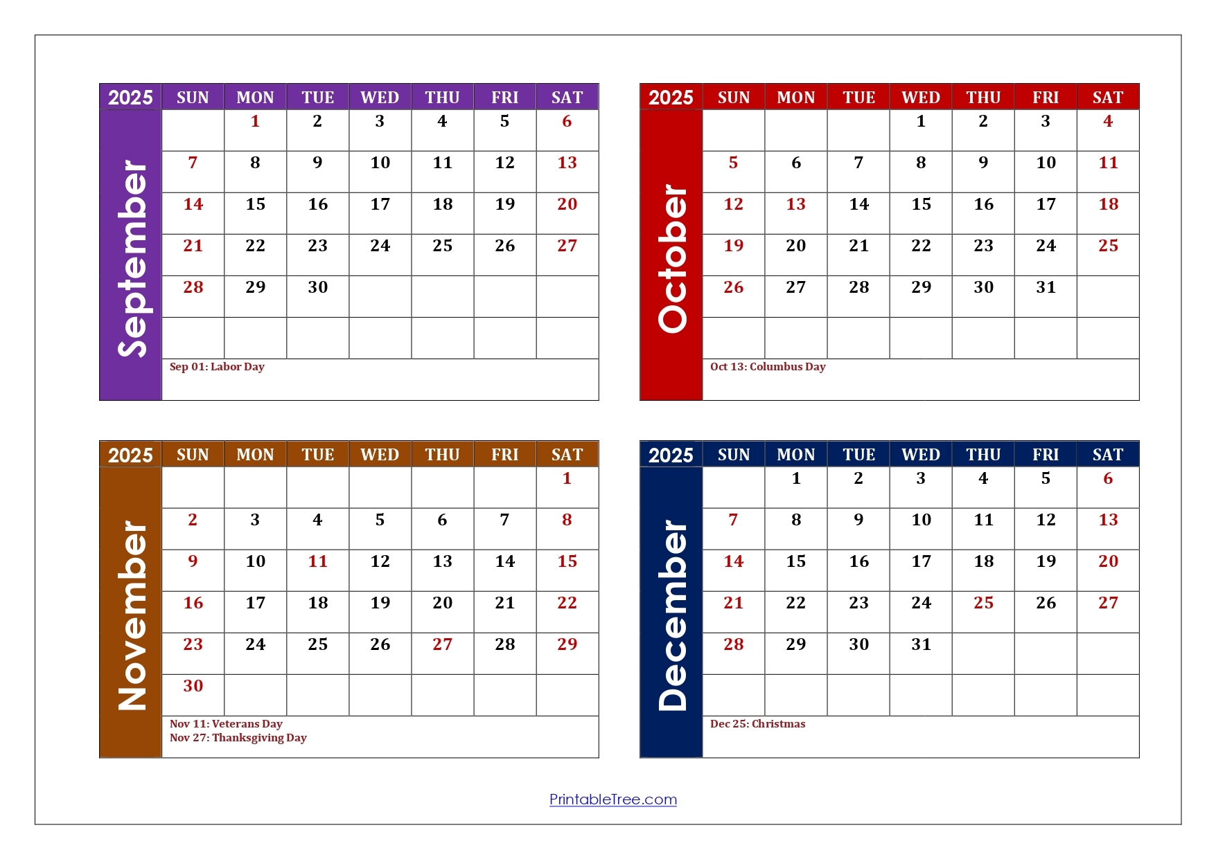 September To December 2025 Calendar Printable PDF Four Months 
