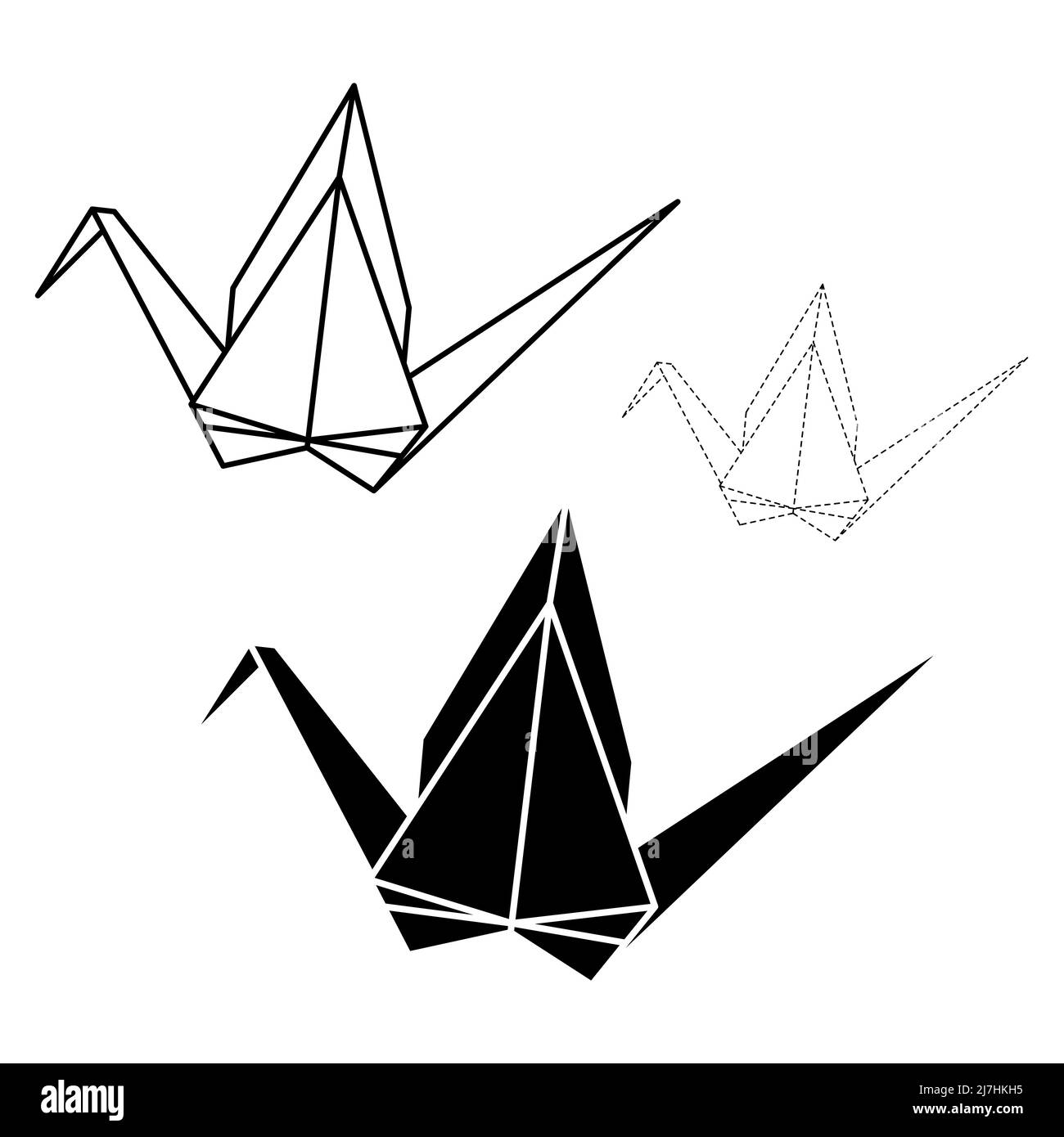 Set Of Origami Crane Vector Outline Silhouette And Dashed 