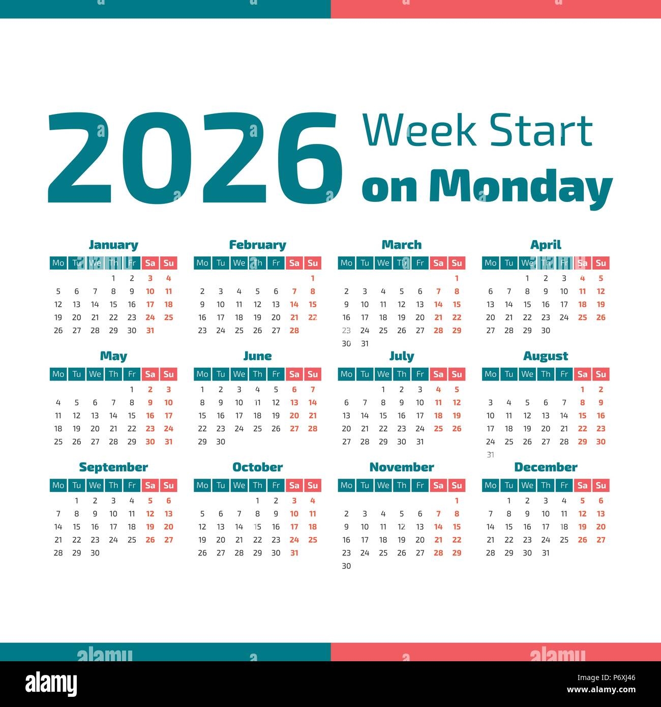 Simple 2026 Year Calendar Week Starts On Monday Stock Vector 