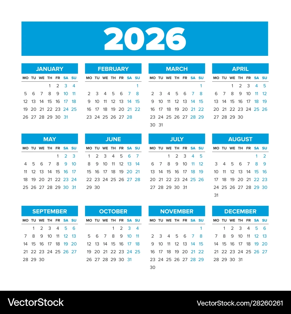 Simple Calendar 2026 Weeks Start On Monday Royalty Free Vector 