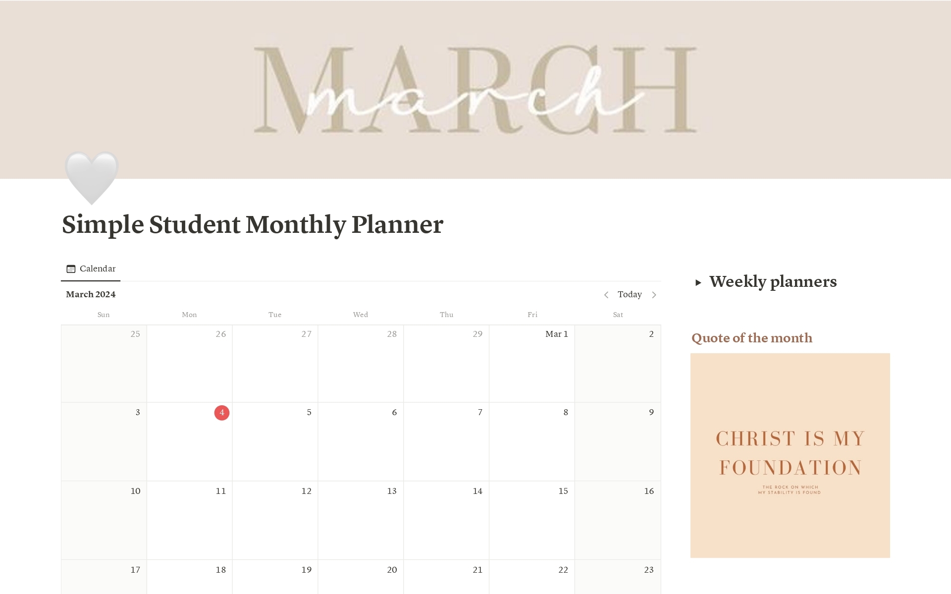 Simple Student Monthly Planner Template Notion Marketplace