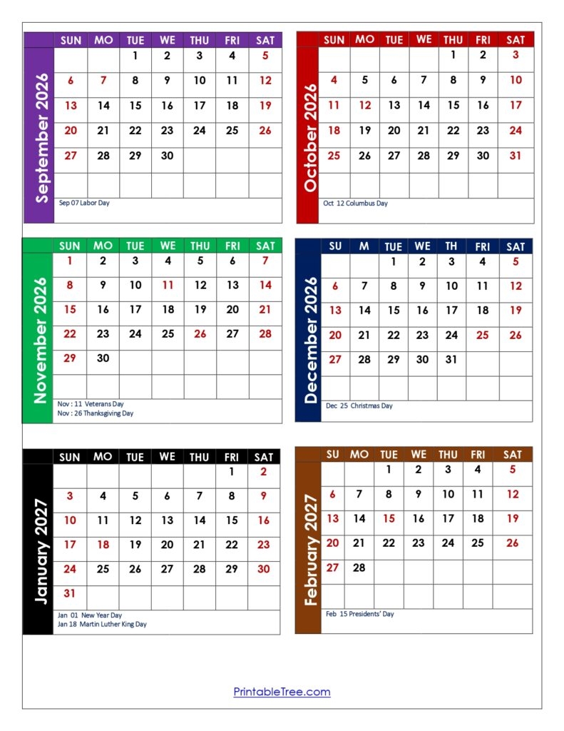 Six Month Calendar 2025 2026 Printable PDF 6 Months Calendar