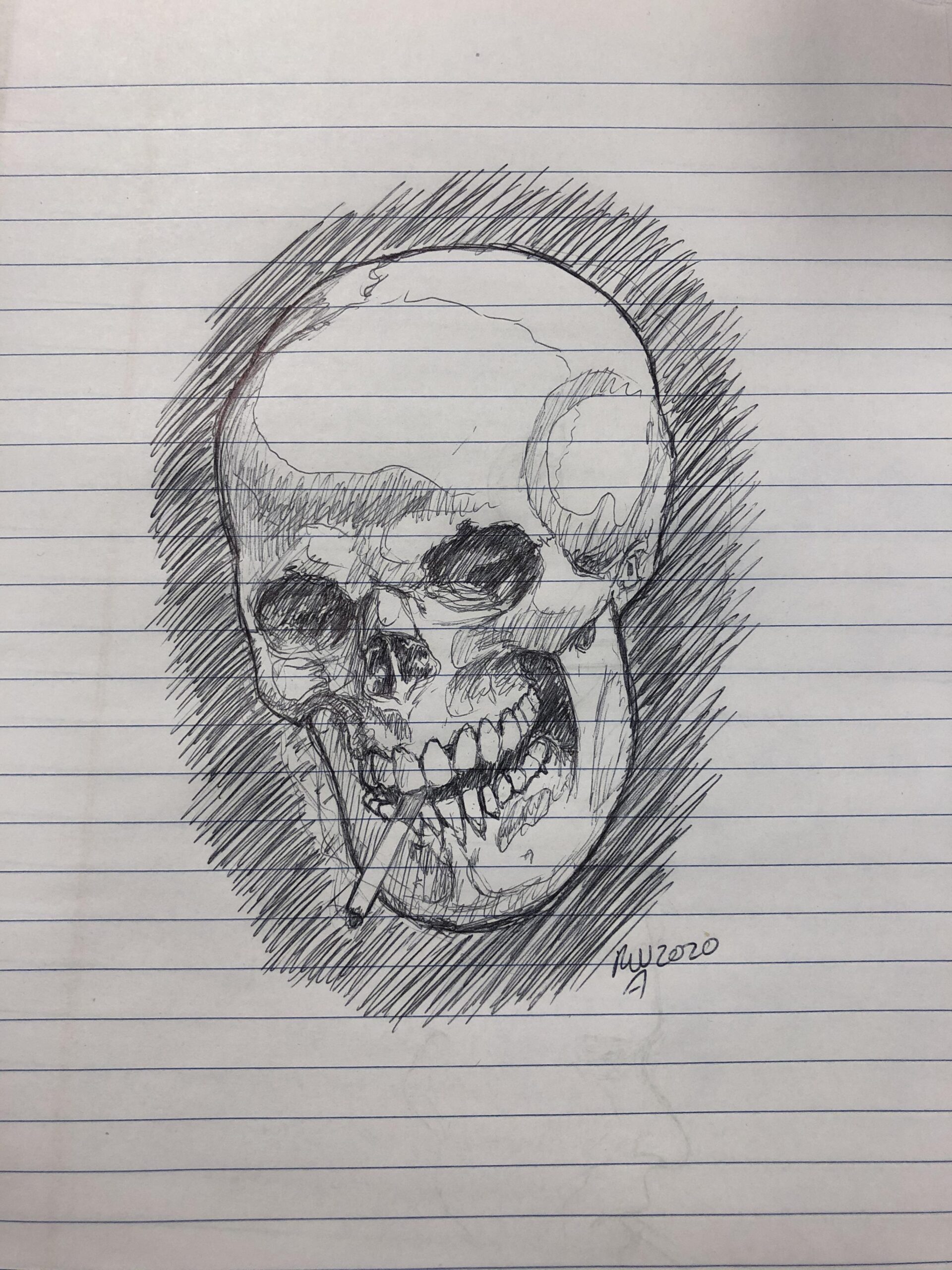 Skull Drawing On Lined Paper With Ballpoint Pen R drawing