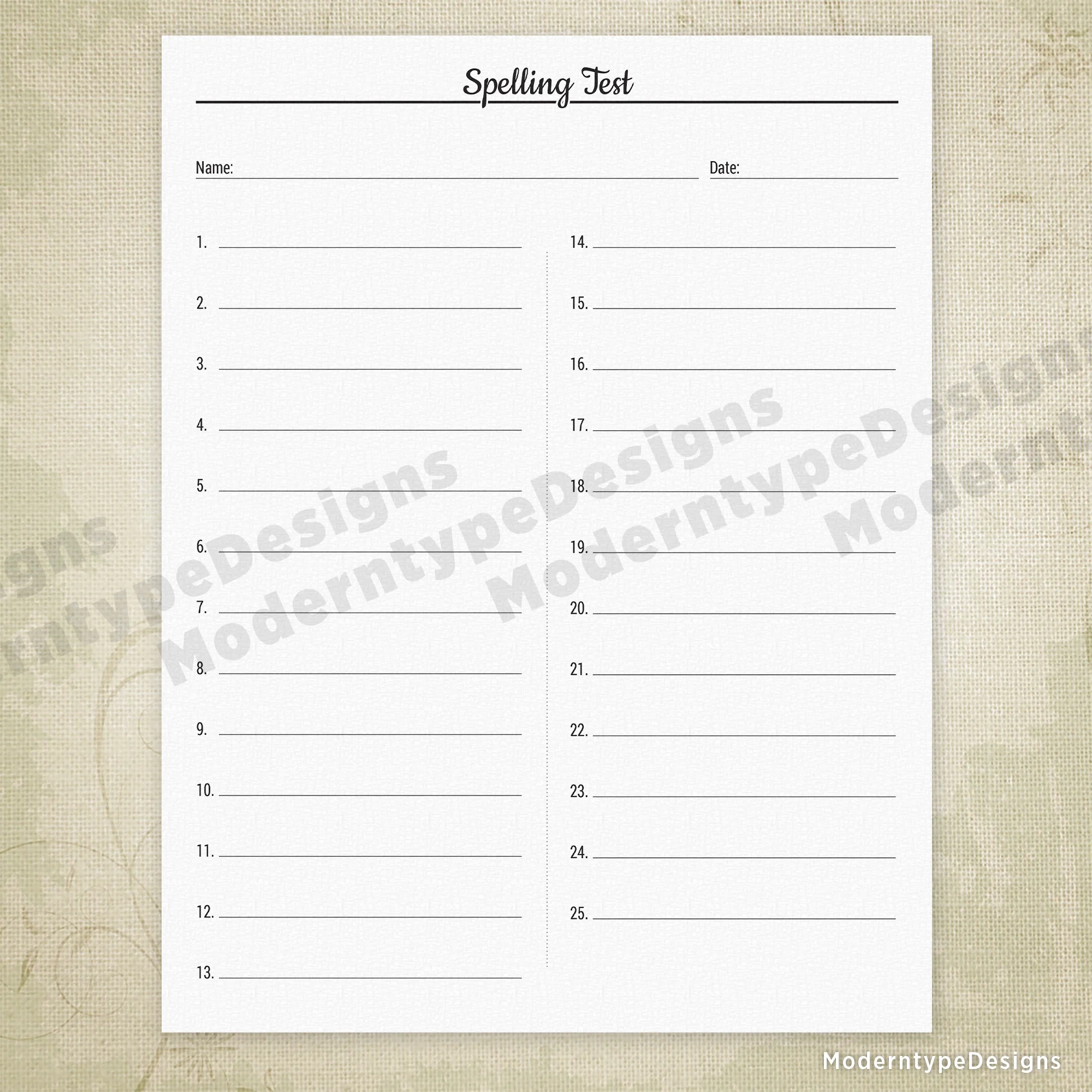 Spelling Test Printable 25 Lines