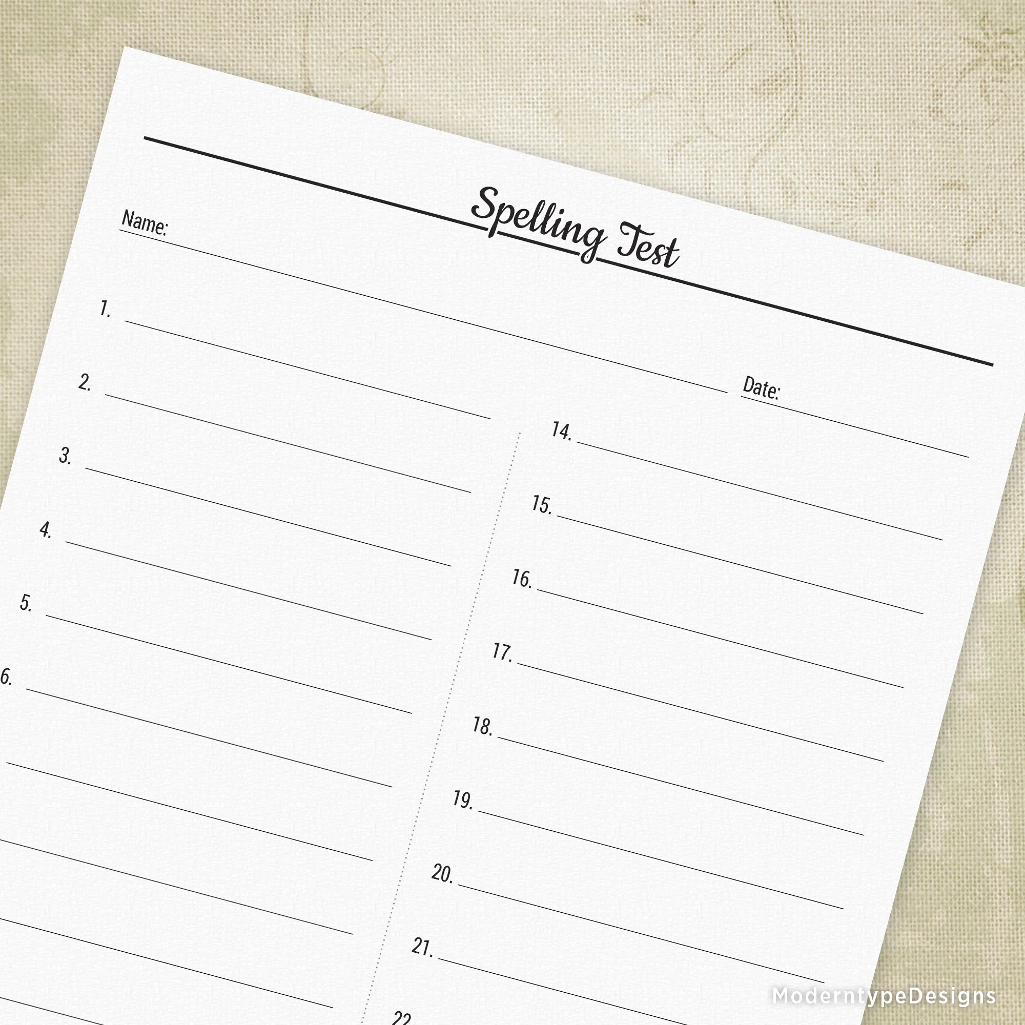 Spelling Test Printable 25 Lines