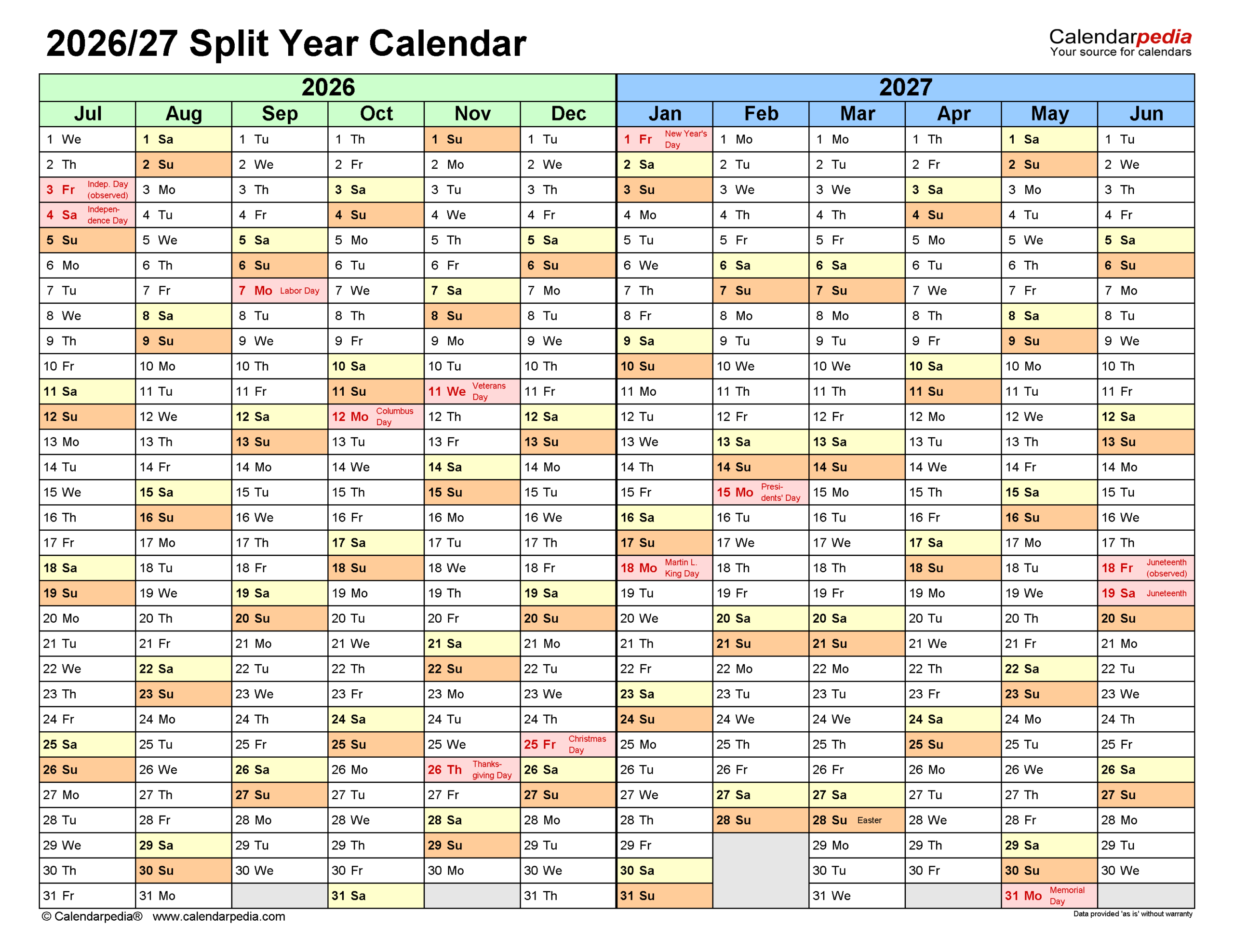 Split Year Calendars 2026 2027 July To June Excel Templates
