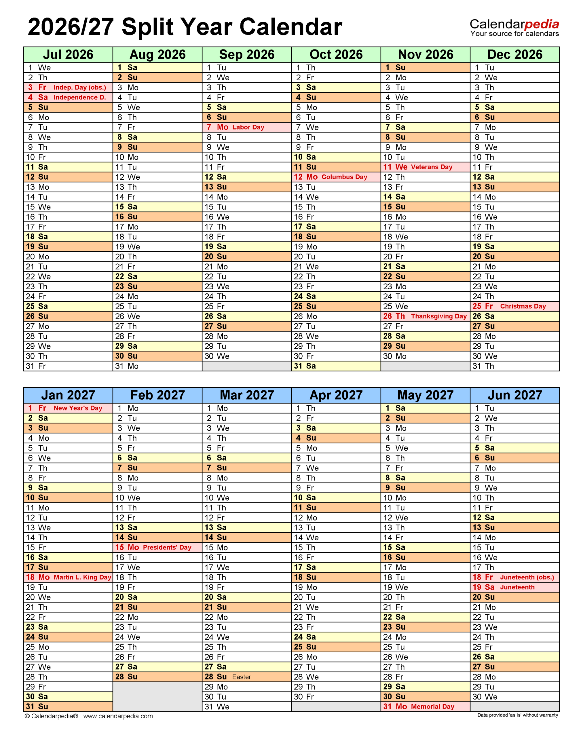 Split Year Calendars 2026 2027 July To June Excel Templates