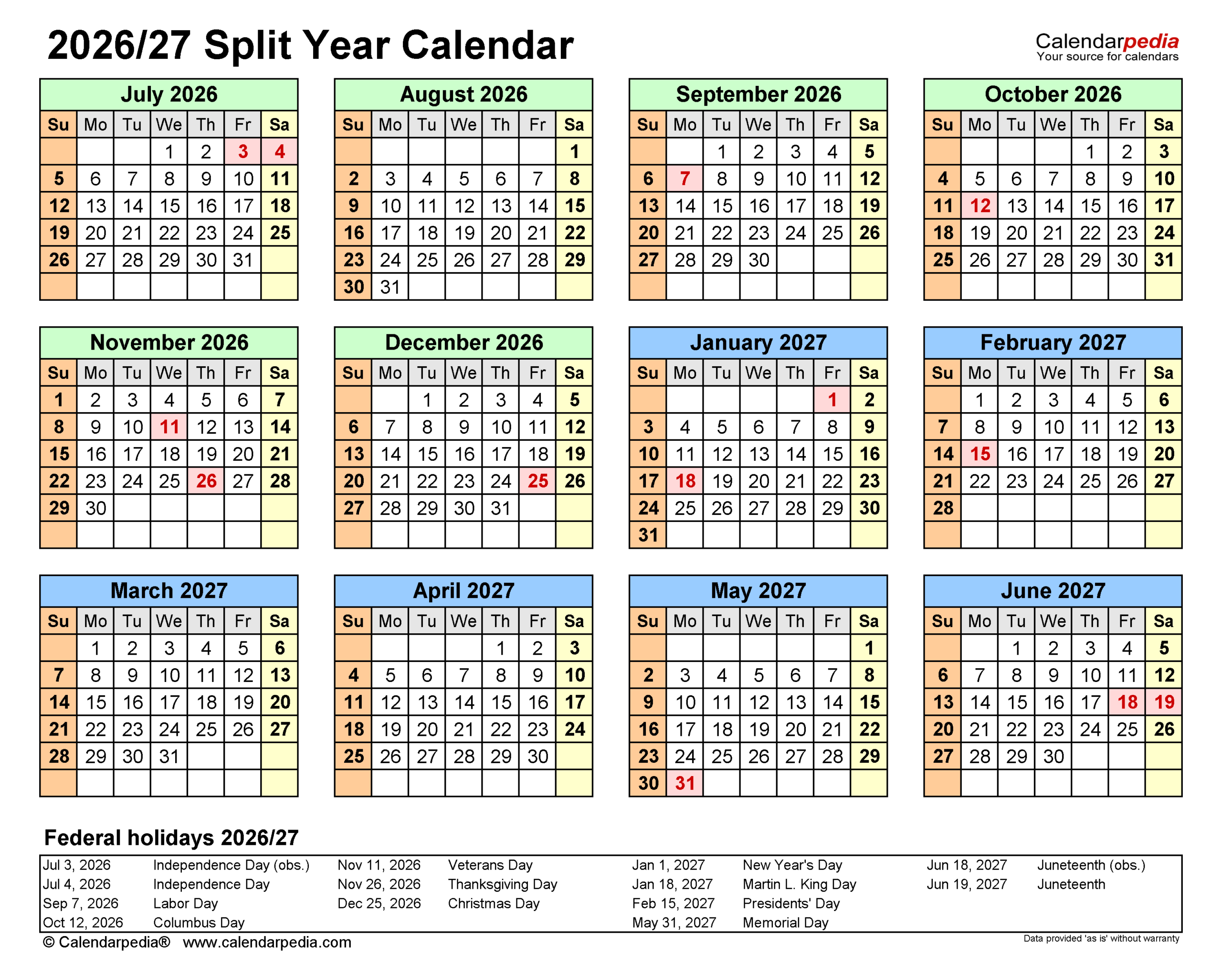 Split Year Calendars 2026 2027 July To June Excel Templates