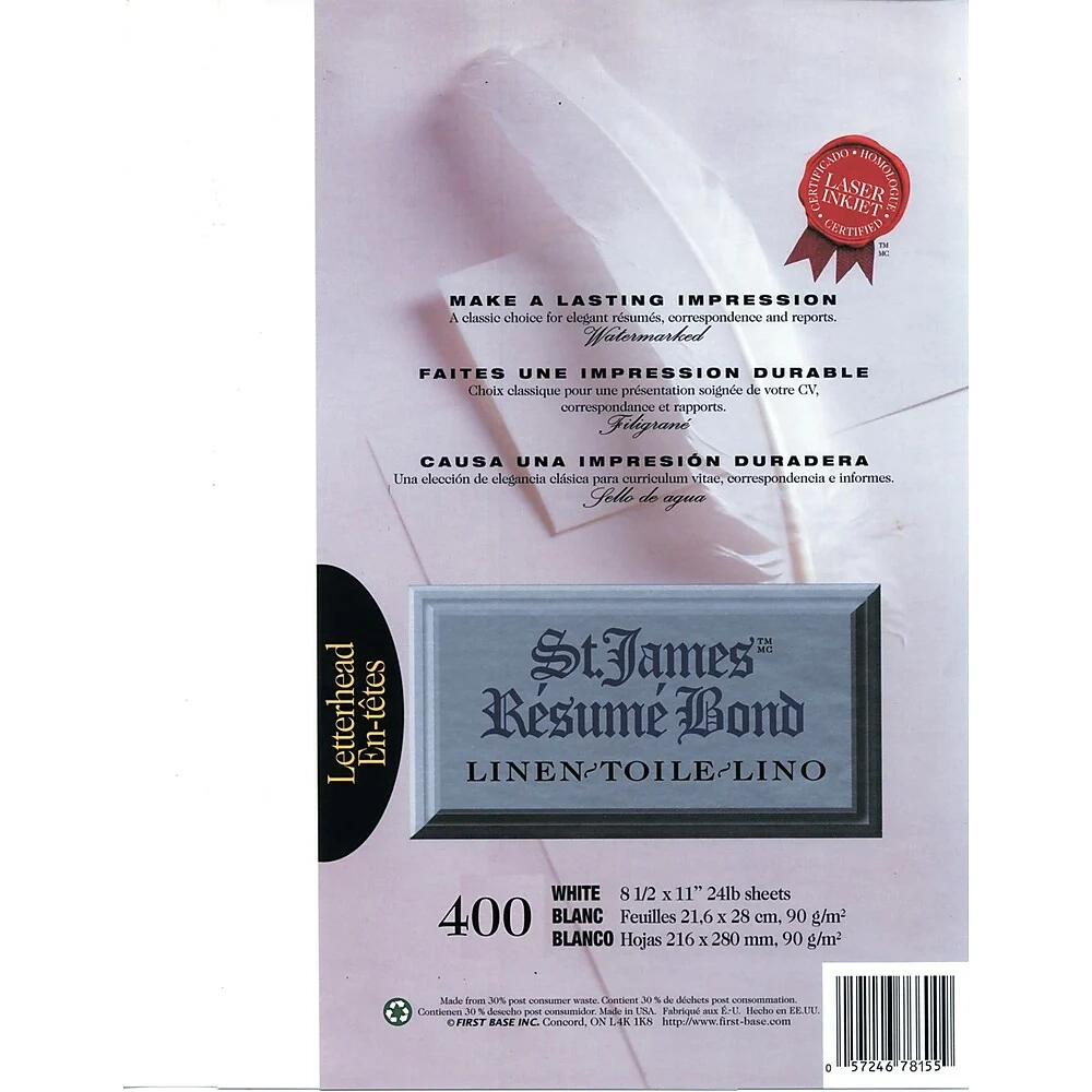 St James Resume Bond Paper Linen White 24 Lb 8 1 2 X 11 