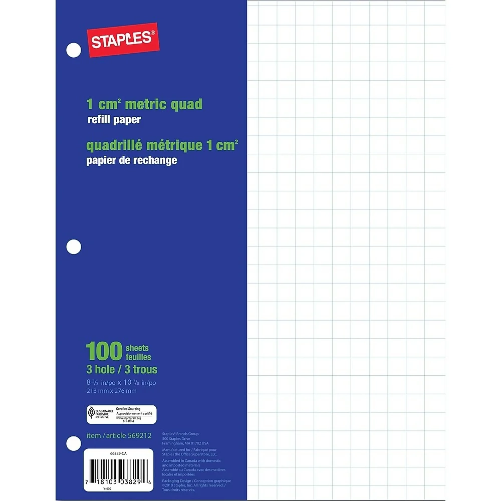 Staples 1 Cm Metric Quad Refill Paper 8 3 8 X 10 7 8 100 
