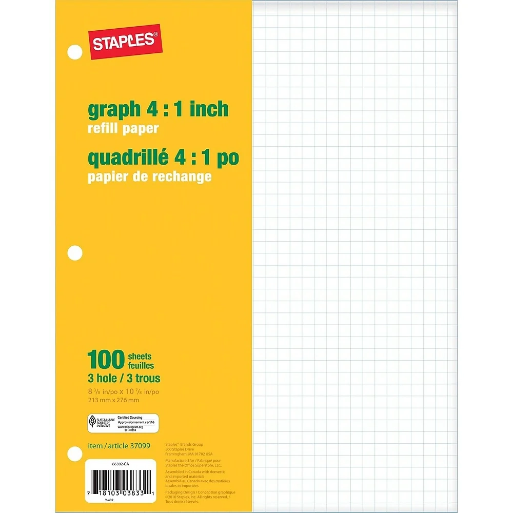Staples Graph Refill Paper Quad Ruled 4 1 8 3 8 X 10 7 8 