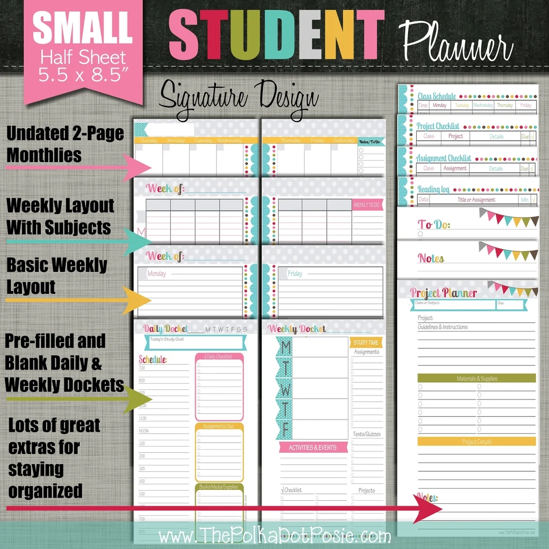 Student Planner Printable Set Sized Small 5 5 x 8 5 PDF 