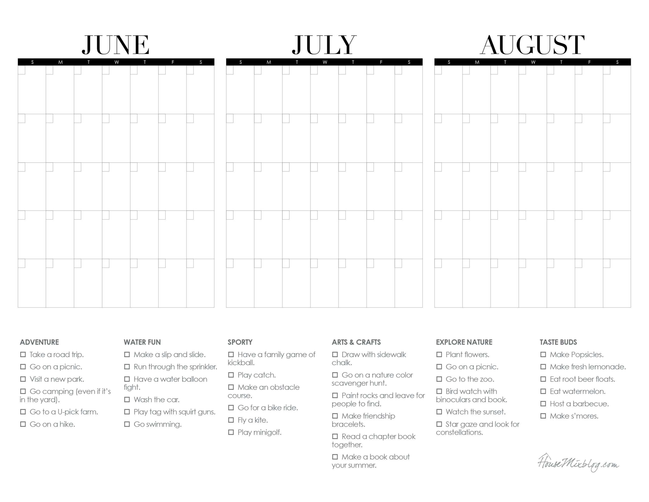 Summer Calendar Printable With Bucketlist House Mix