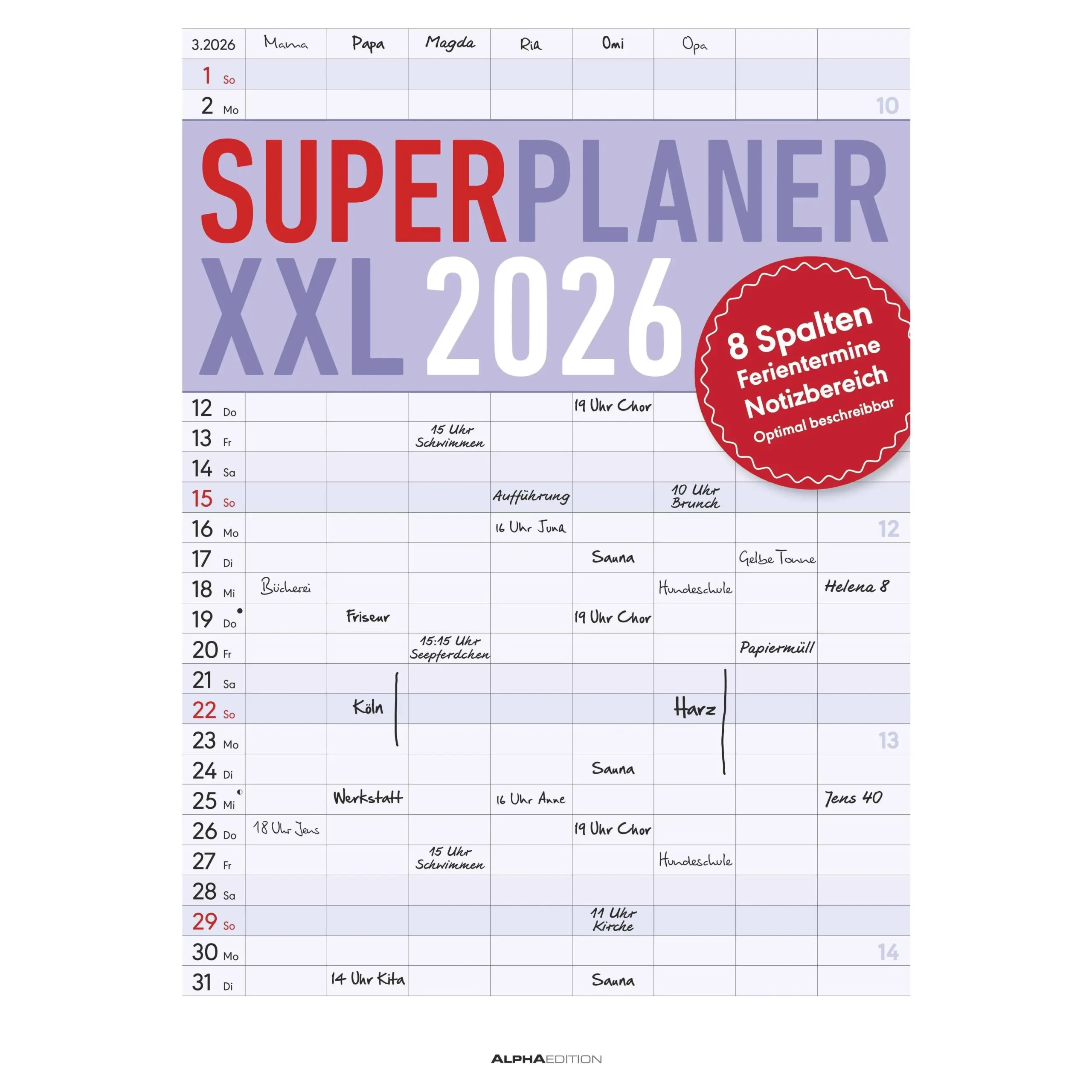 Superplaner XXL 8 Columns Calendar 2026 Buy Cheap Kalendersale de