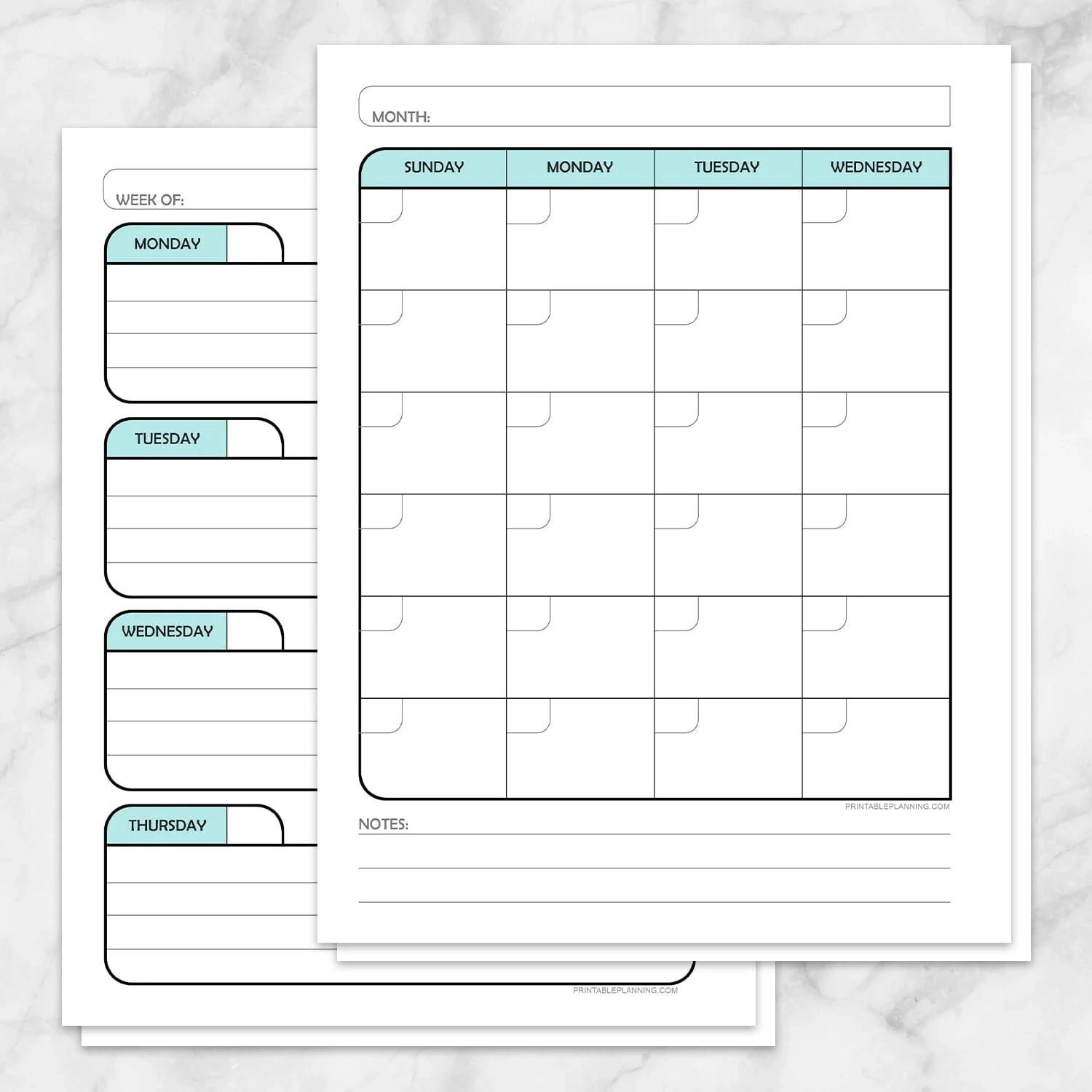 Teal Monthly And Weekly Calendar Planner Pages Printable 