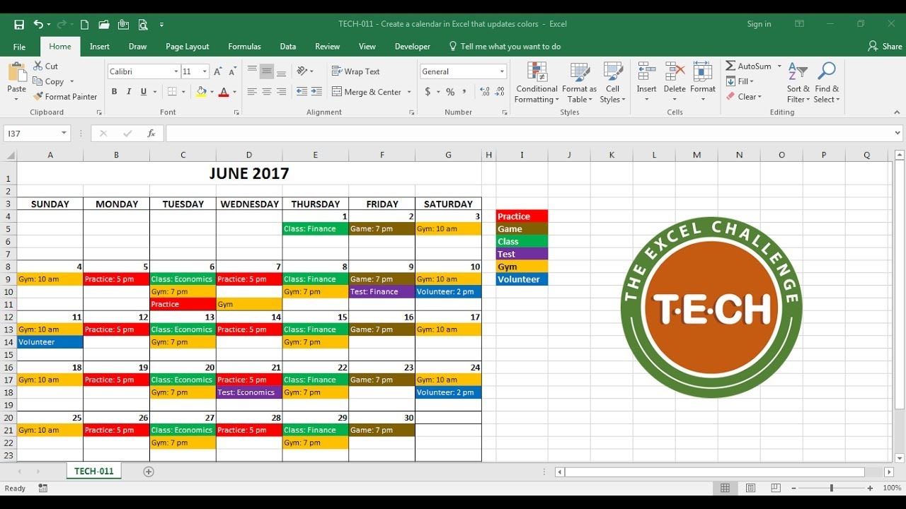 TECH 011 Create A Calendar In Excel That Automatically Updates Colors By Event Category