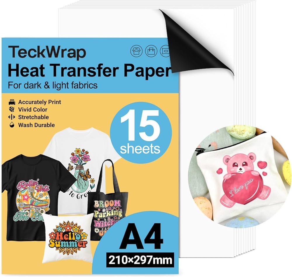 TECKWRAP Printable Heat Transfer Paper For T Shirts 15 Sheets 
