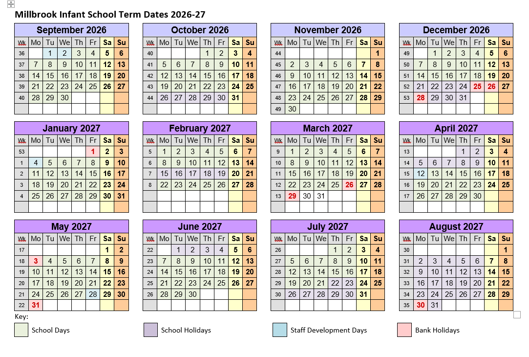 Term Dates Millbrook Infant School