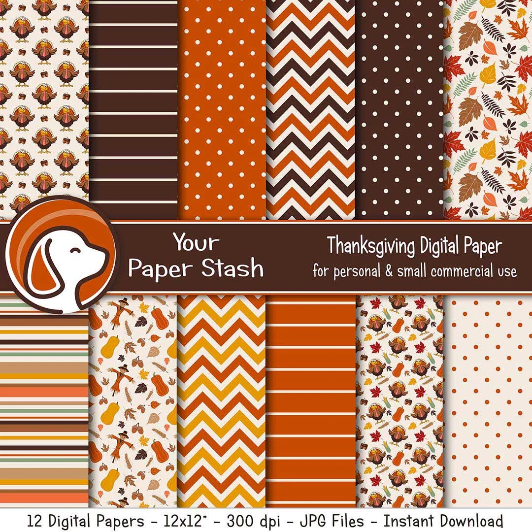 Thanksgiving Digital Scrapbook Papers W Turkeys amp Autumn Leaves