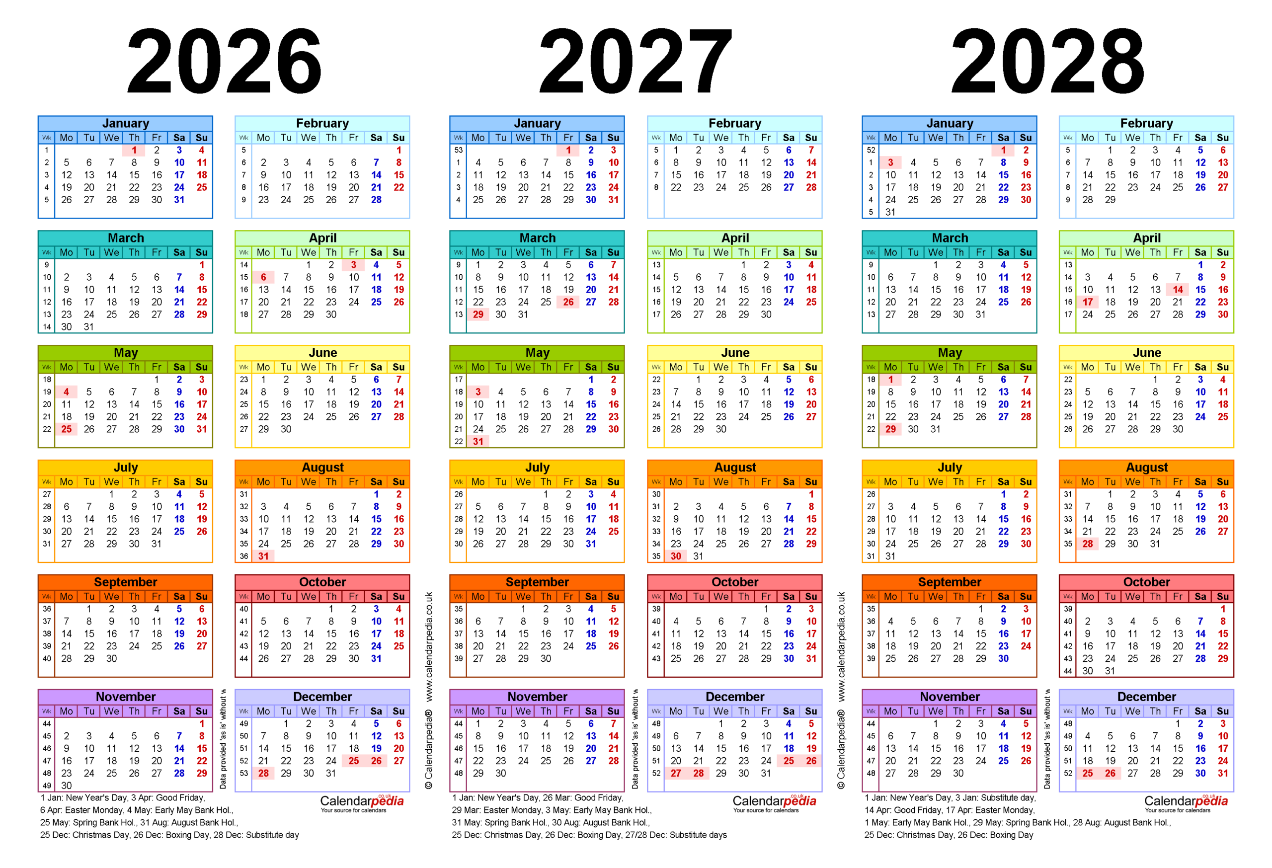 Three Year Calendars For 2026 2027 And 2028 UK For PDF