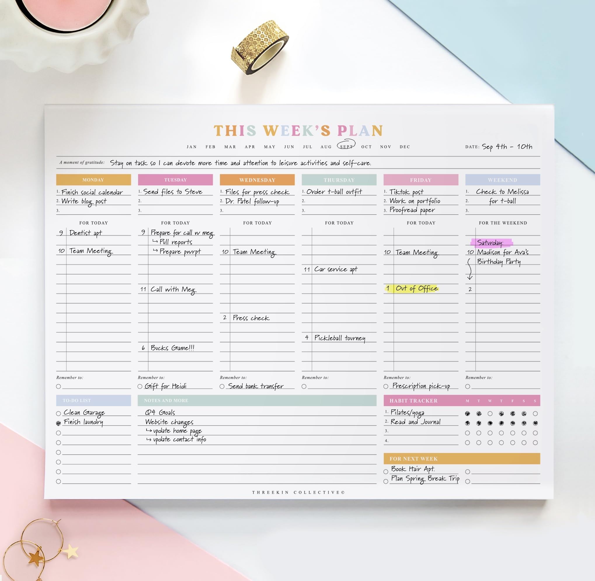 ThreeKin Weekly Planner Premium Notepad With 52 Sheets Tear Off 